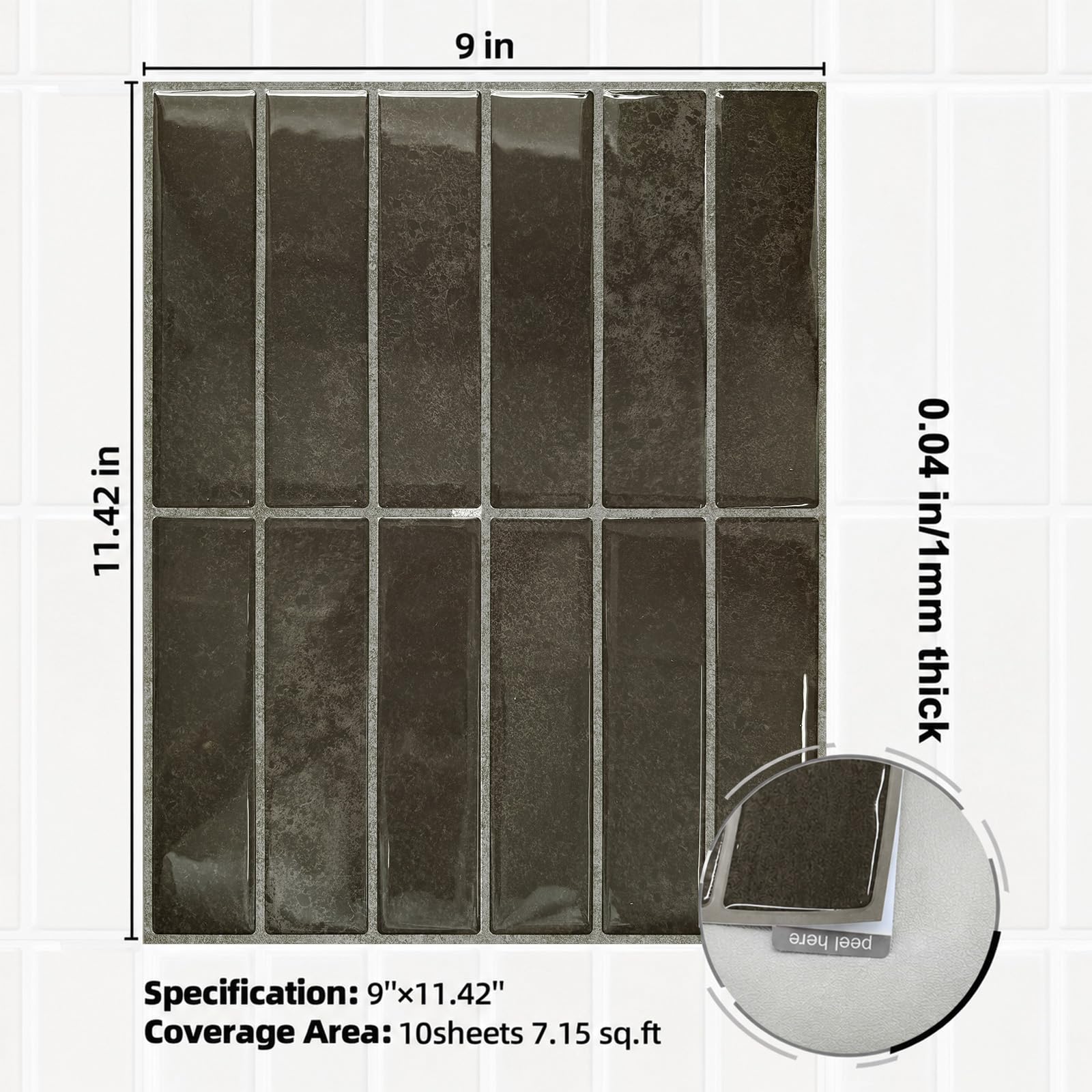 Lot de 10 feuilles de carrelage de dosseret à décoller et à coller pour cuisine, 29 x 22,9 cm | Carrelage mural autocollant 3D marron foncé pour cuisine, salle de bain, buanderie