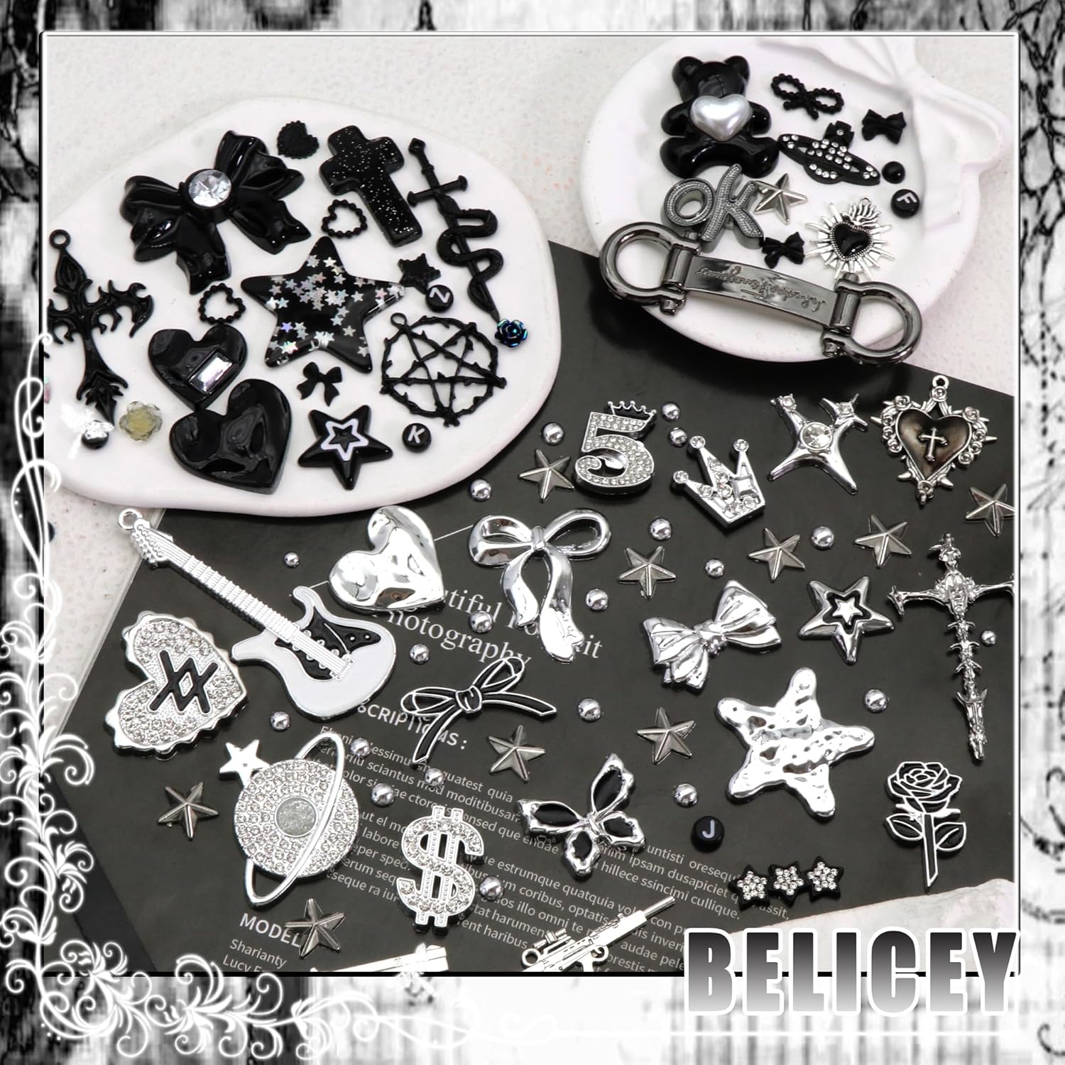 BELICEY Black Junk Case Charms Punk Snake Cross Charm for Phone Cases 3D Silver Rhinestone Heart Star Cell Phone Junk Charms Resin Bow Guitar Gun Cherry Rose for Customizing DIY Craft - Image 5