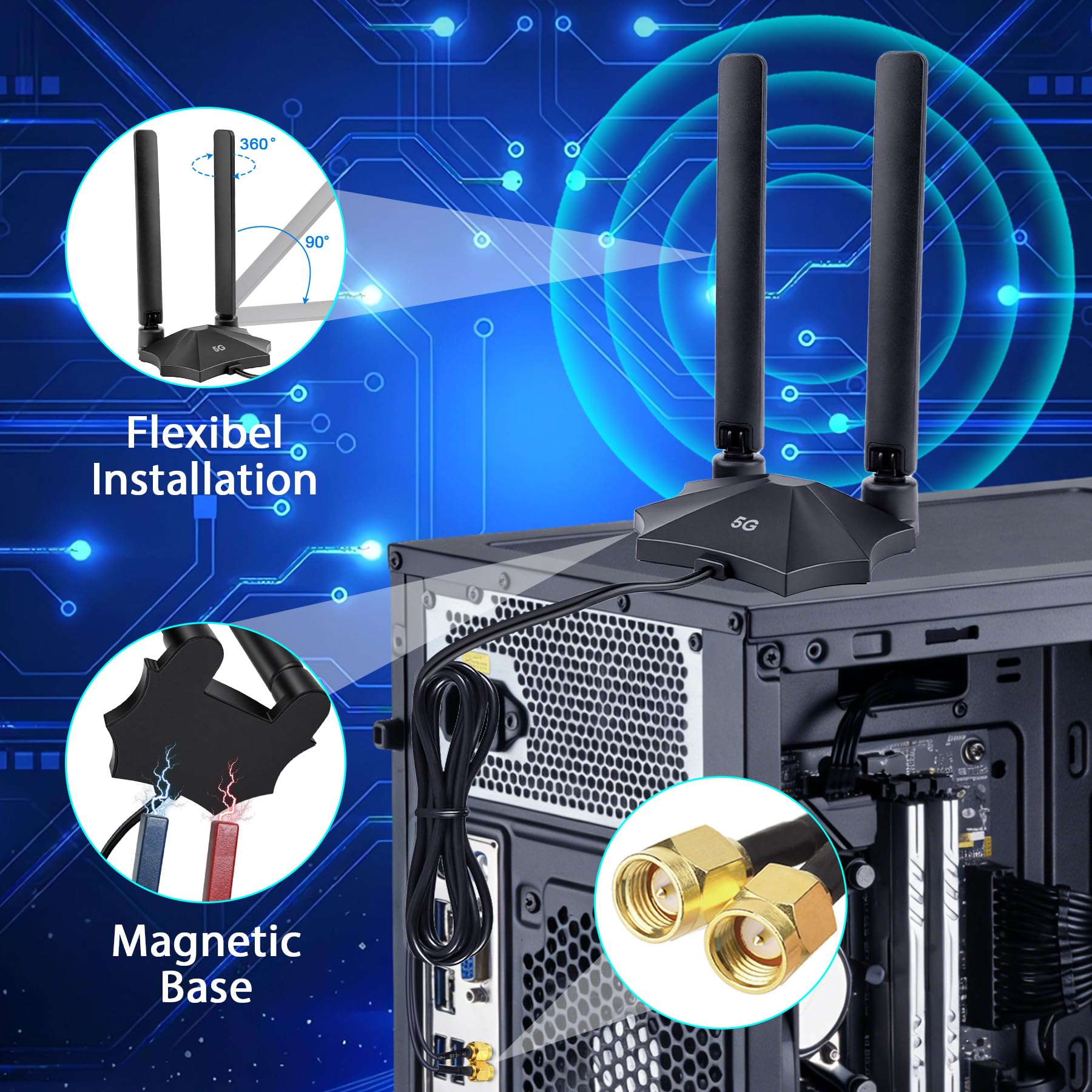 Antenne routeur 5G 4G LTE 8dBi – Large bande 698-3980 MHz Antenne magnétique avec câble de 2 m, prises SMA et TS9 compatible avec Netgear, Huawei, ZTE et passerelles industrielles