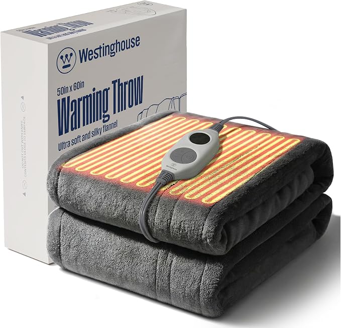 Westinghouse Heated Blanket Throw, Electric Throw with 6 Heating Levels, 2-10 Hours Time Settings, Overheat Protection, Machine Washable, Flannel (Throw, 50x60 Inches, Charcoal)