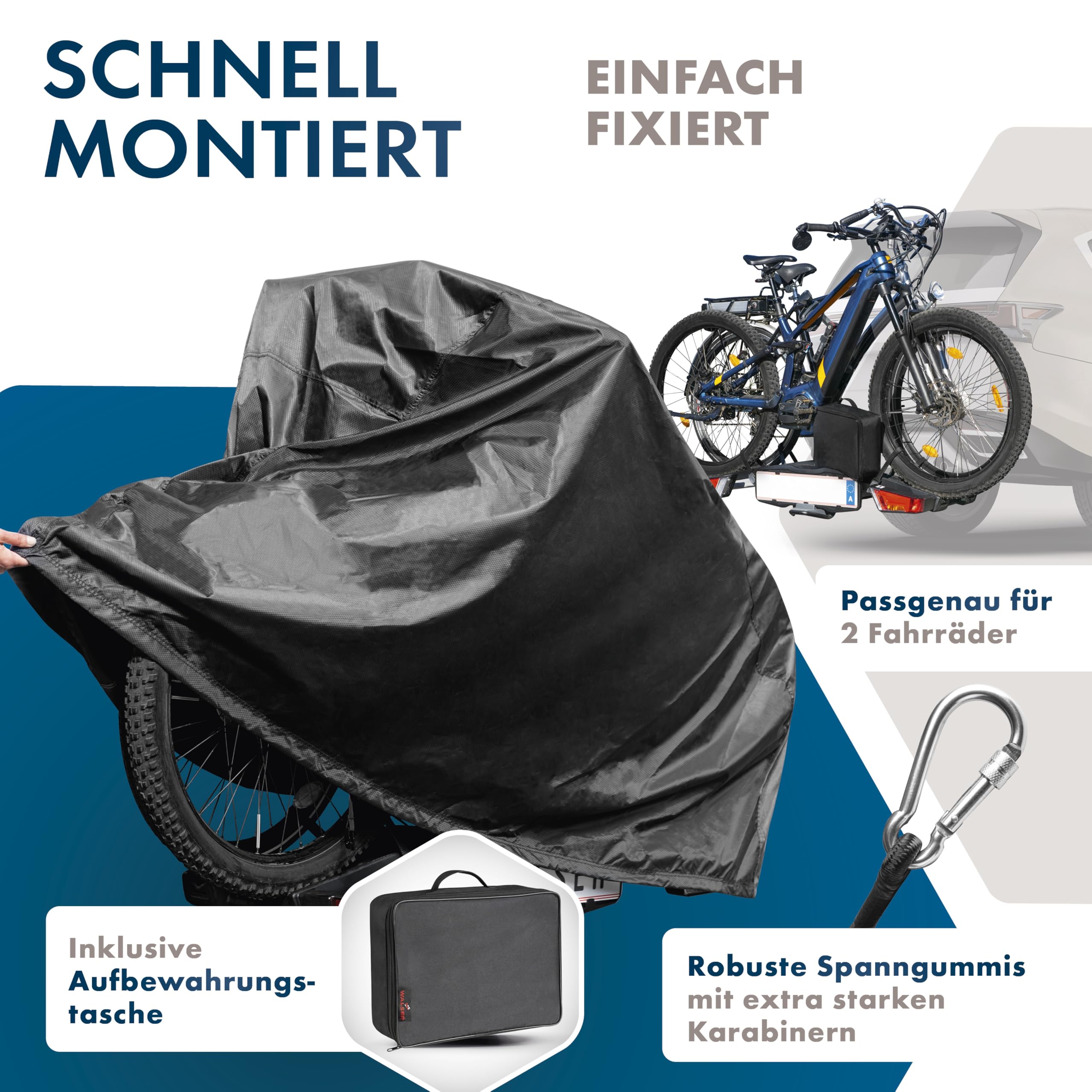 WALSER Fahrradabdeckung für 2 Fahrräder, 100% wasserdichte Fahrradschutzhülle für Fahrradträger - optimal für Wohnmobil/Bus, Fahrradgarage inkl. Spanngummi + Aufbewahrungstasche 210x80x115cm schwarz