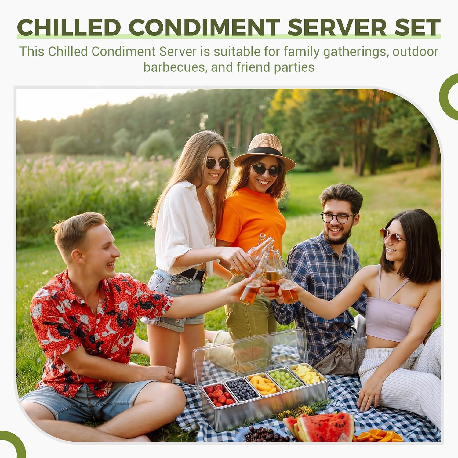 LemonRoad 5 Slot Ice Chilled Stainless Steel Condiment Tray with Lid, 15.2 Inch Condiment Server Caddy Topping Containers with 5 Tongs and 2 Stickers, Garnish Tray for Fruit Cold Bar Party Supply