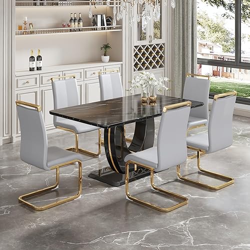 JUFU Juego de mesa de comedor moderna para 6 personas, juego de mesa de cocina rectangular con mesa de mármol sintético y 6 sillas tapizadas de piel