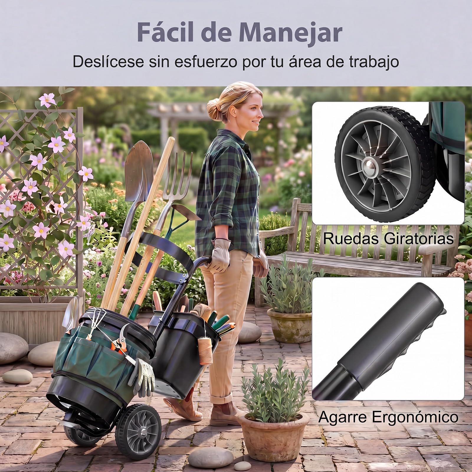 GYMAX Carro de Jardín para Herramientas, Carrito de Transporte con Ruedas, Cubo Redondo de 20 L, Cubo Rectangular de 5 L y Bolsa de Tela Oxford, Carretilla Portátil Porta Utensilios de Jardinería