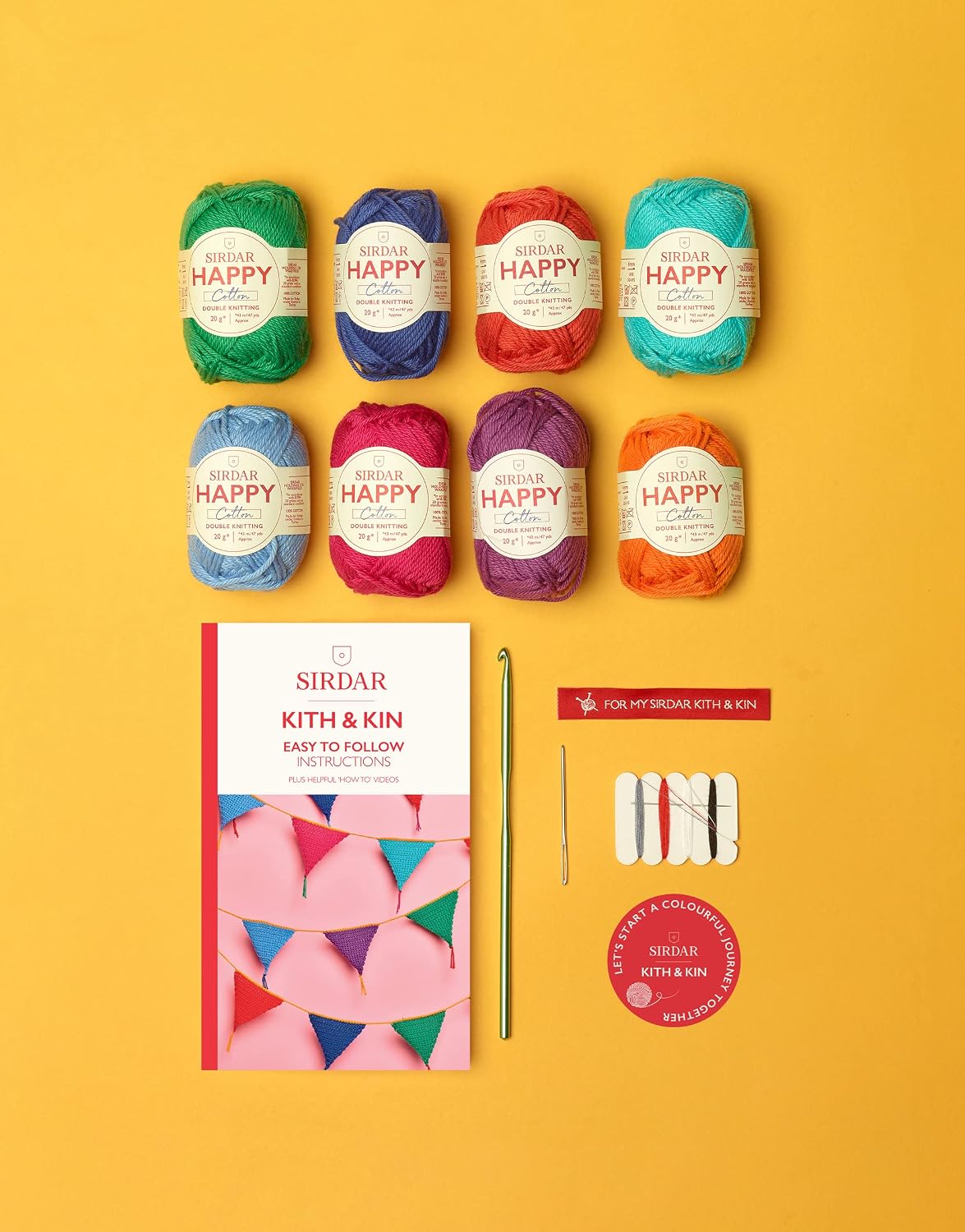 Sirdar Kith & Kin, Bright Bunting Crochet Kit, Includes 8 Balls Happy Cotton, 4.5mm / US G/6 Crochet Hook, Darning Needle, Sewing Needle & Thread, Ribbon Label and Sticker