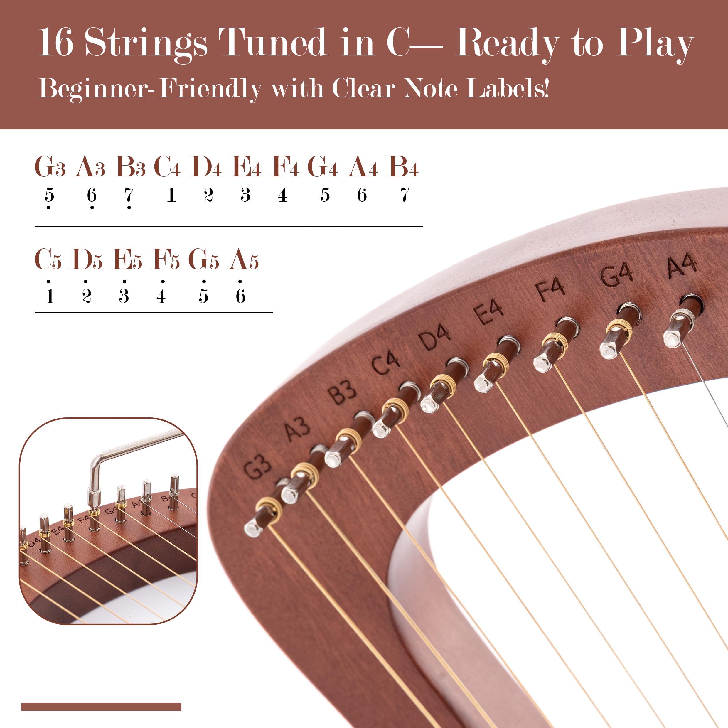 Mulucky Arpa a 16 corde, in mogano, kit di strumenti musicali a corda con custodia per chiavi di accordatura, corde extra per principianti