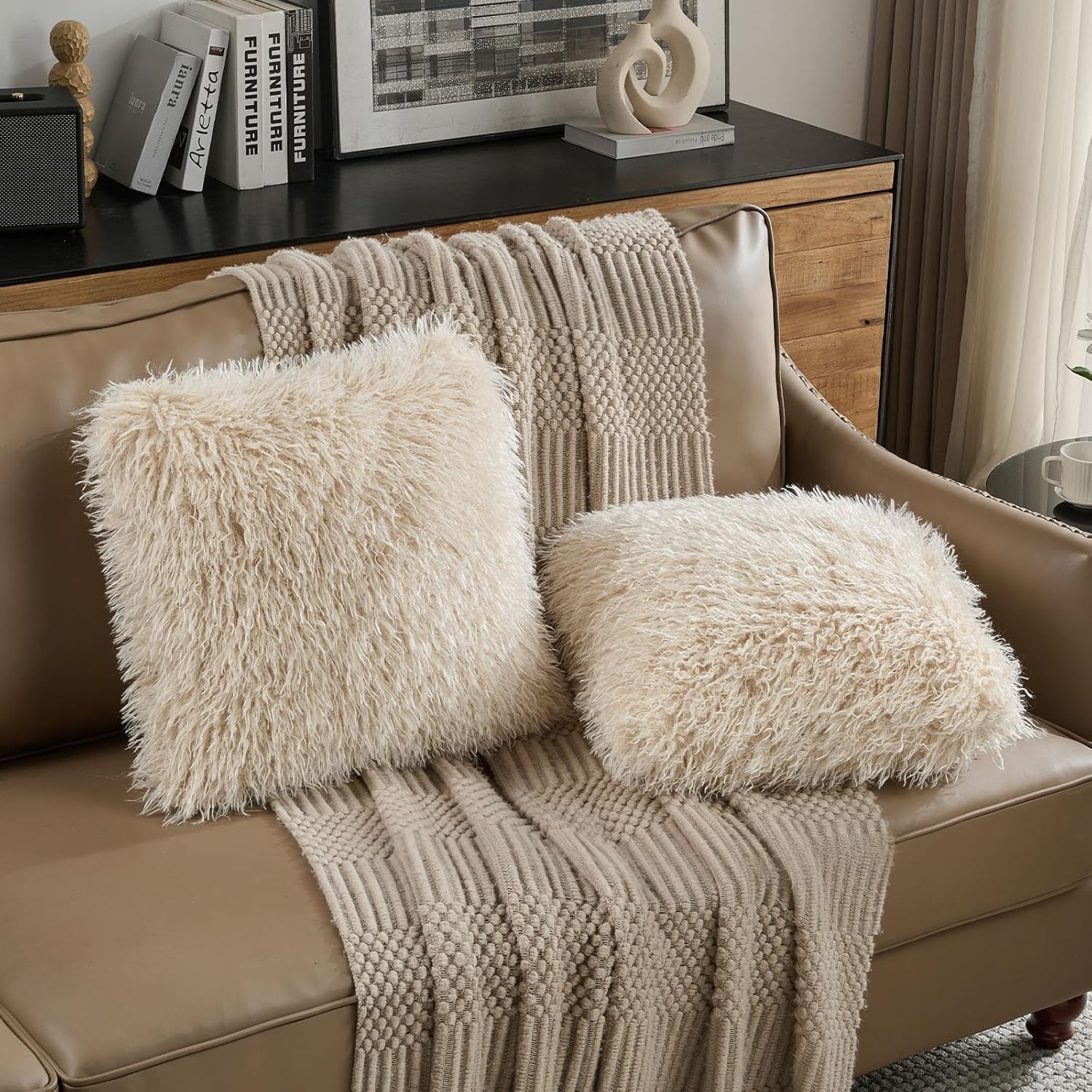 FUTEI Beige Decorative Throw Pillow Covers 18x18 Inch Set of 2,Soft Faux Fine Wool Textured Cushion Case,Luxury Home Decor for Couch Bed Living Room - Image 4