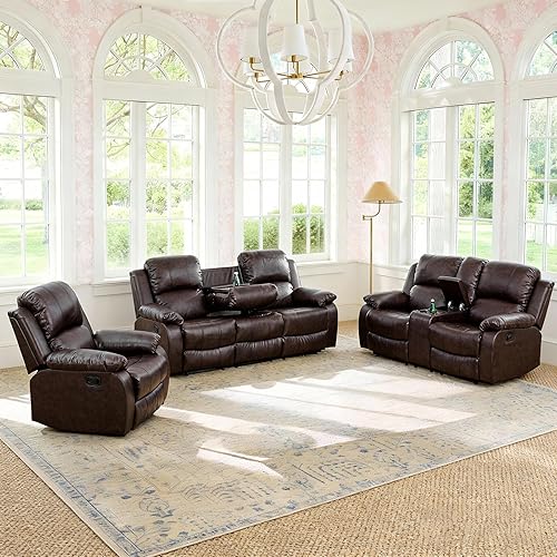 Miniatura 9 de Juego de 3 piezas de cuero para sala de estar, juego de sofá reclinable Mauanl, sofá reclinable con portavasos/consola de almacenamiento, sofás
