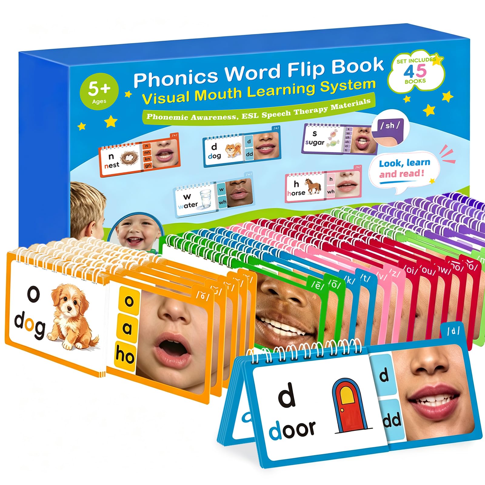 Phonics Flip Books with Visual Mouth Cues - 45 Word Family Build Books, Phonics Flash Cards for Learn to Read 