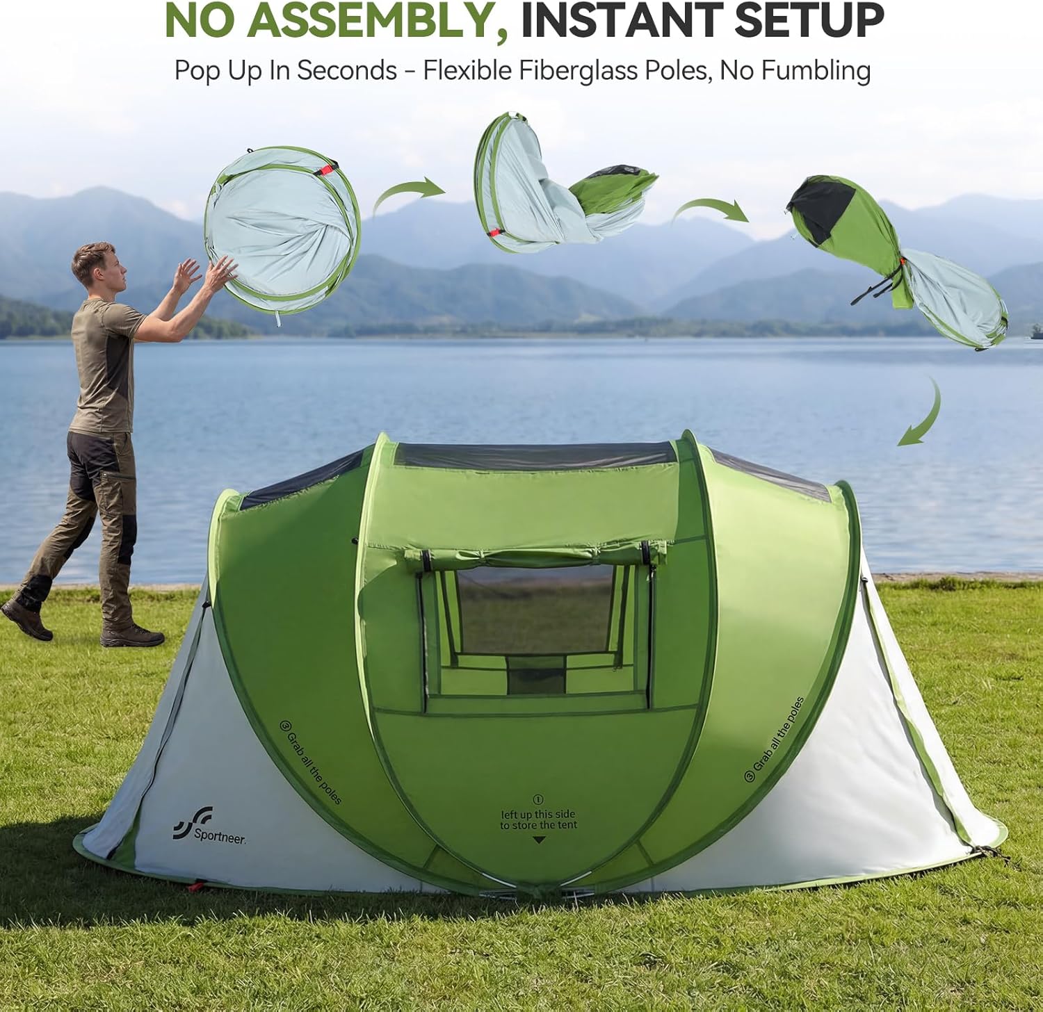 Sportneer Camping Tent: 2 Adults Pop Up Tent with Rain Fly and Carrying Bag - All-Weather Shelter for Camping Backyard Sleepover & Beach, 2 Doors, 3 Top Meshes, Easy Set Up, Size 110''x78''x51''