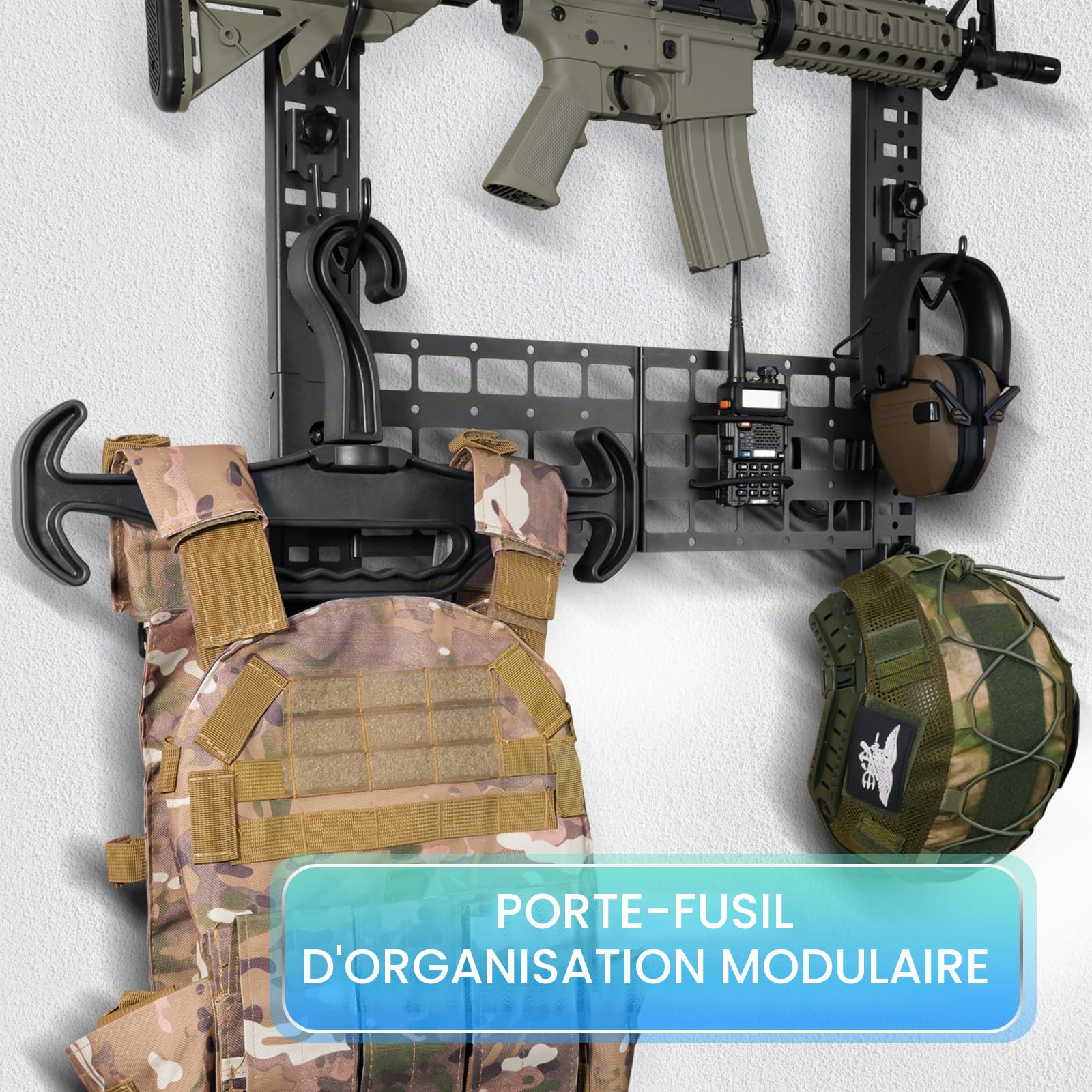 BOOSTEADY Support Mural pour Armes à Feu Modulaire, Porte Fusil de Chasse Mural Supporte Jusqu'à 120LBS avec 6 Crochets en J, 31,8" x 22" Support de Pistolet Tactique avec Panneau Molle