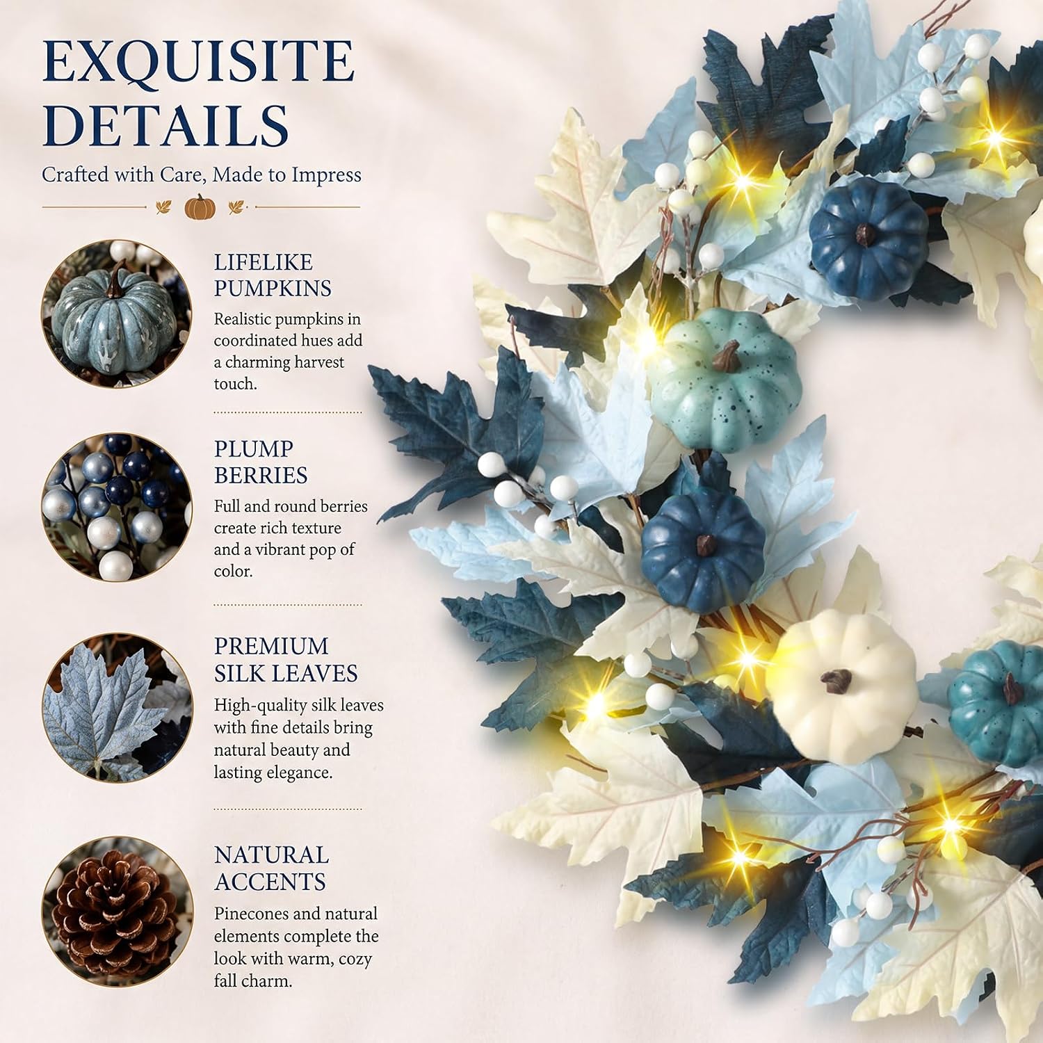 Suncalla 22'' Blue Fall Wreath for Front Door with Lights, Round
