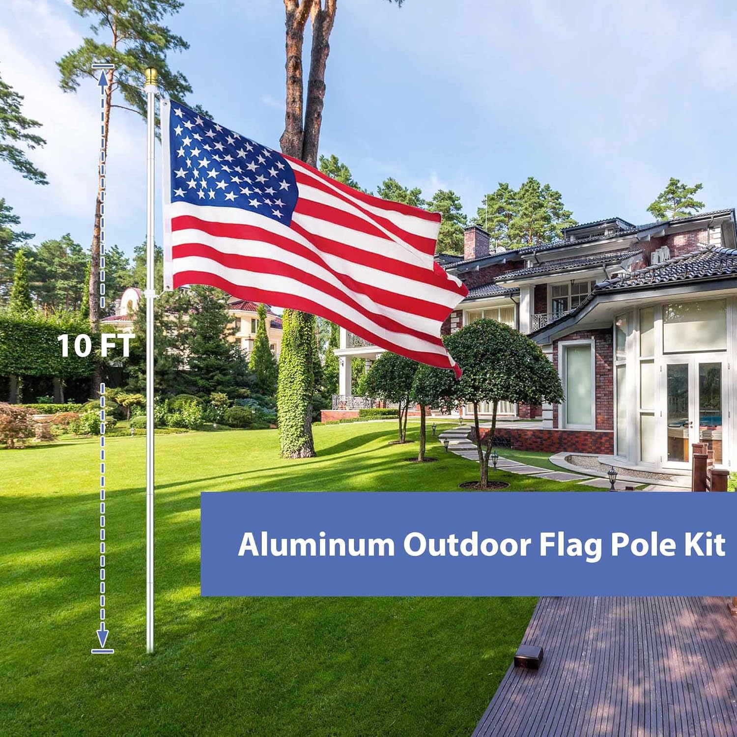 YesHom 10 Ft Aluminum Outdoor Flag Pole Kit in Ground American Flag Ball Top with Stake