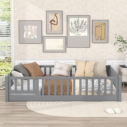 Miniatura 4 de Harper & Bright Designs Base de cama Montessori de tamaño matrimonial con valla y puerta, plataforma de madera para niños, niñas, listones