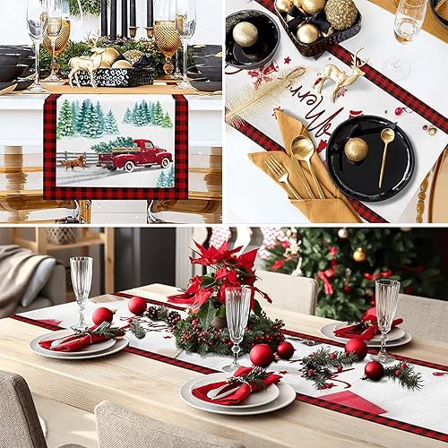 Miniatura 3 de JOOCAR Camino de mesa navideño de 13 x 72 pulgadas, camión rojo Farmhosue, colección de mesa para Navidad, invierno, vacaciones, cocina, comedor,