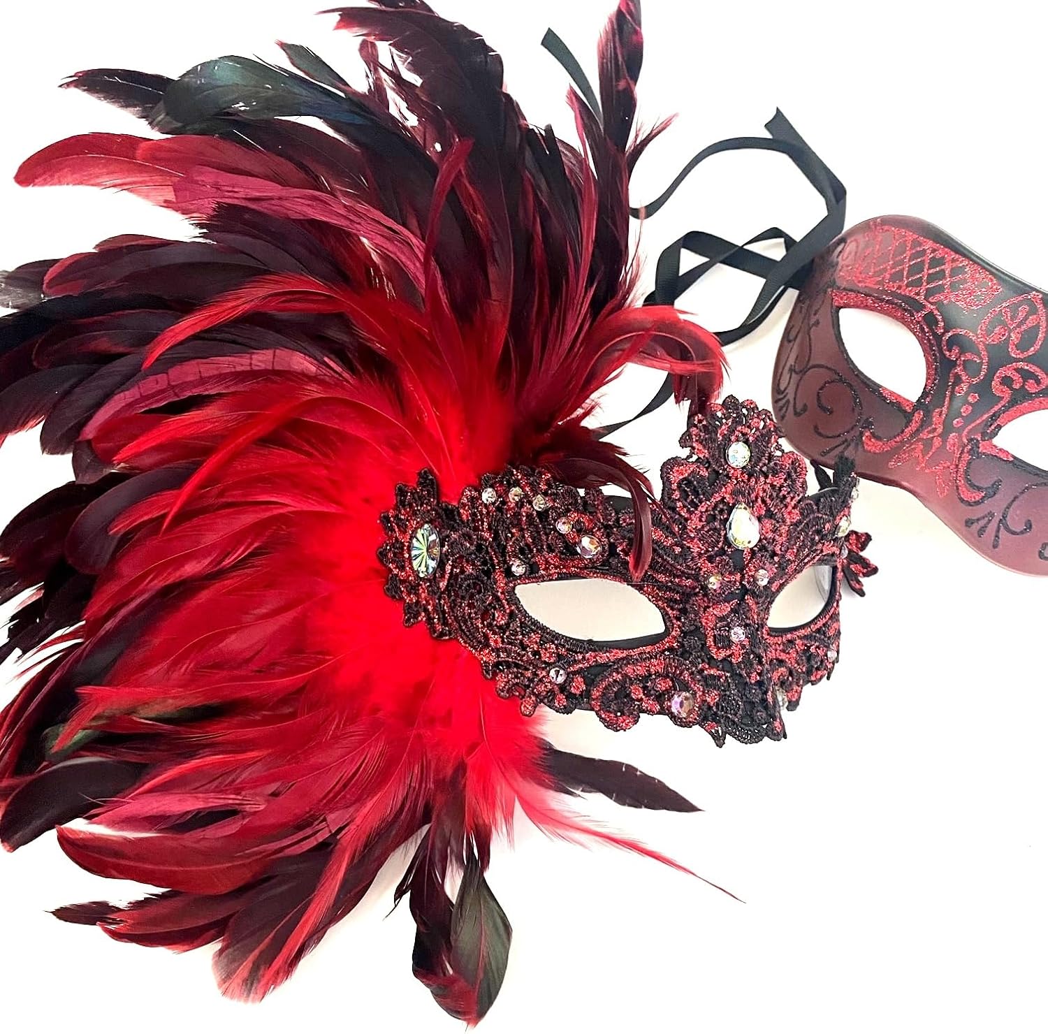 MasqStudio Couple Masquerade Ball Black Red Lace Mask Pair Feather Christmas New Year Party