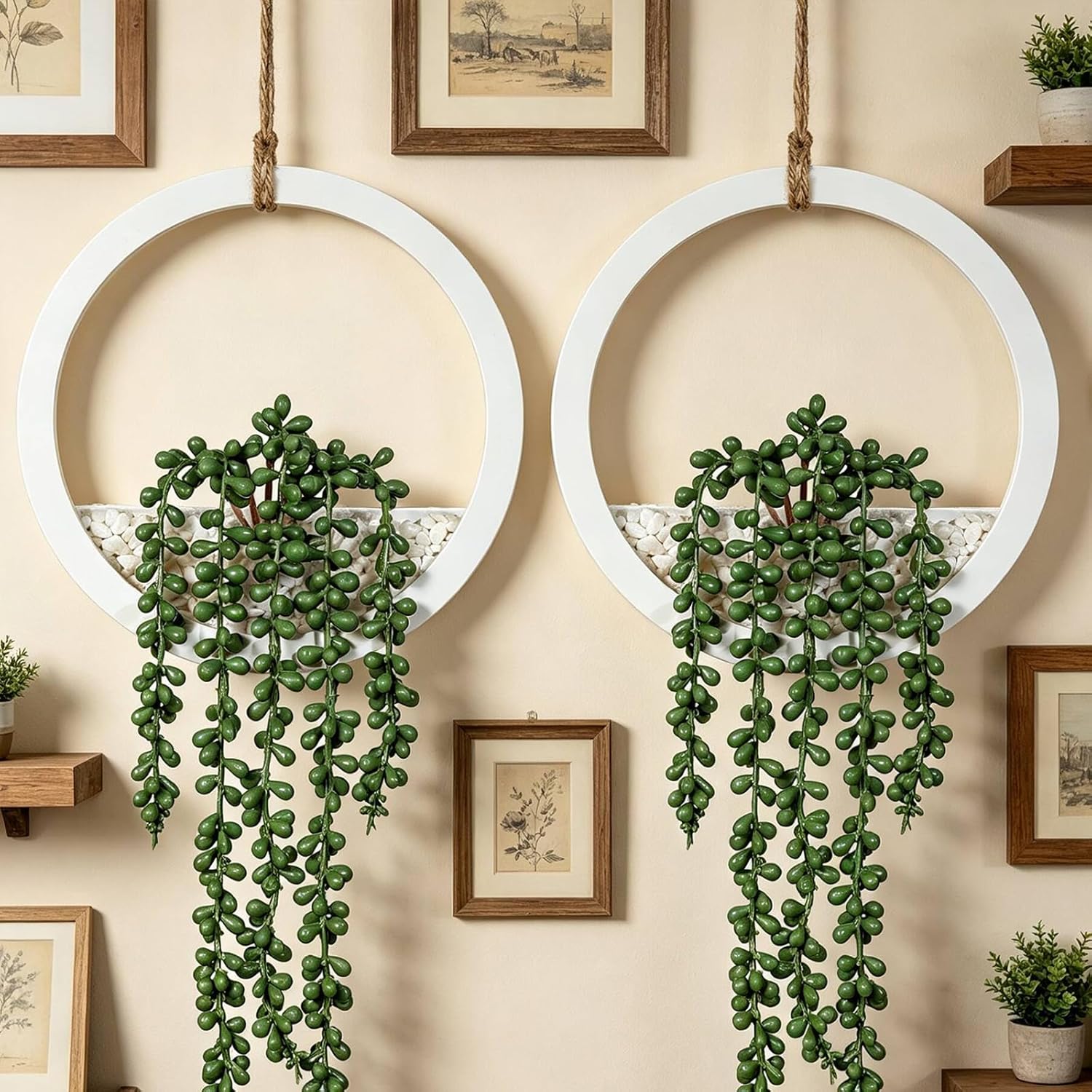 Boho Wall Decor, 2Pcs Fake Hanging Plants Artificial Succulents, Indoor Hanging Planter Greenery Decor, Perfect for Bathroom Living Room Bedroom Office Washroom, Faux Succulent Wall Floating Plants