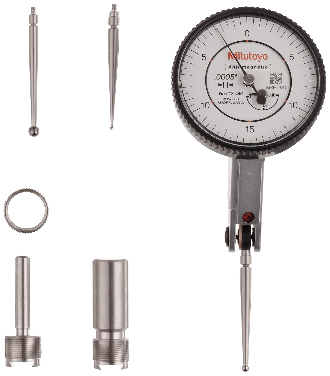 Mitutoyo 513446 Dial Test Indicator, Basic Set, Tilted Face, 0.375