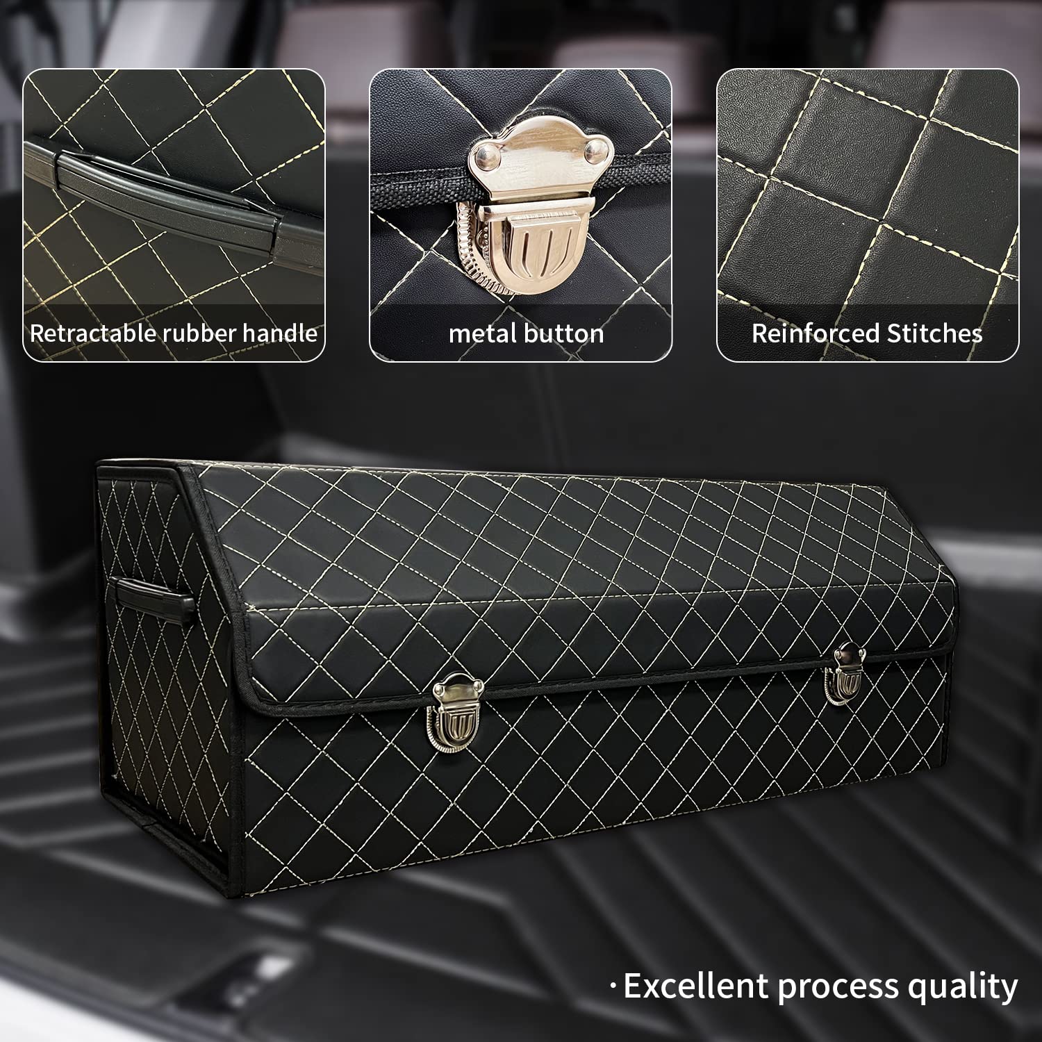 Organizador de maletero de coche con tapa, caja de almacenamiento plegable de piel sintética, 3 compartimentos, plegable multifuncional para SUV, sedán, maletero de vehículo