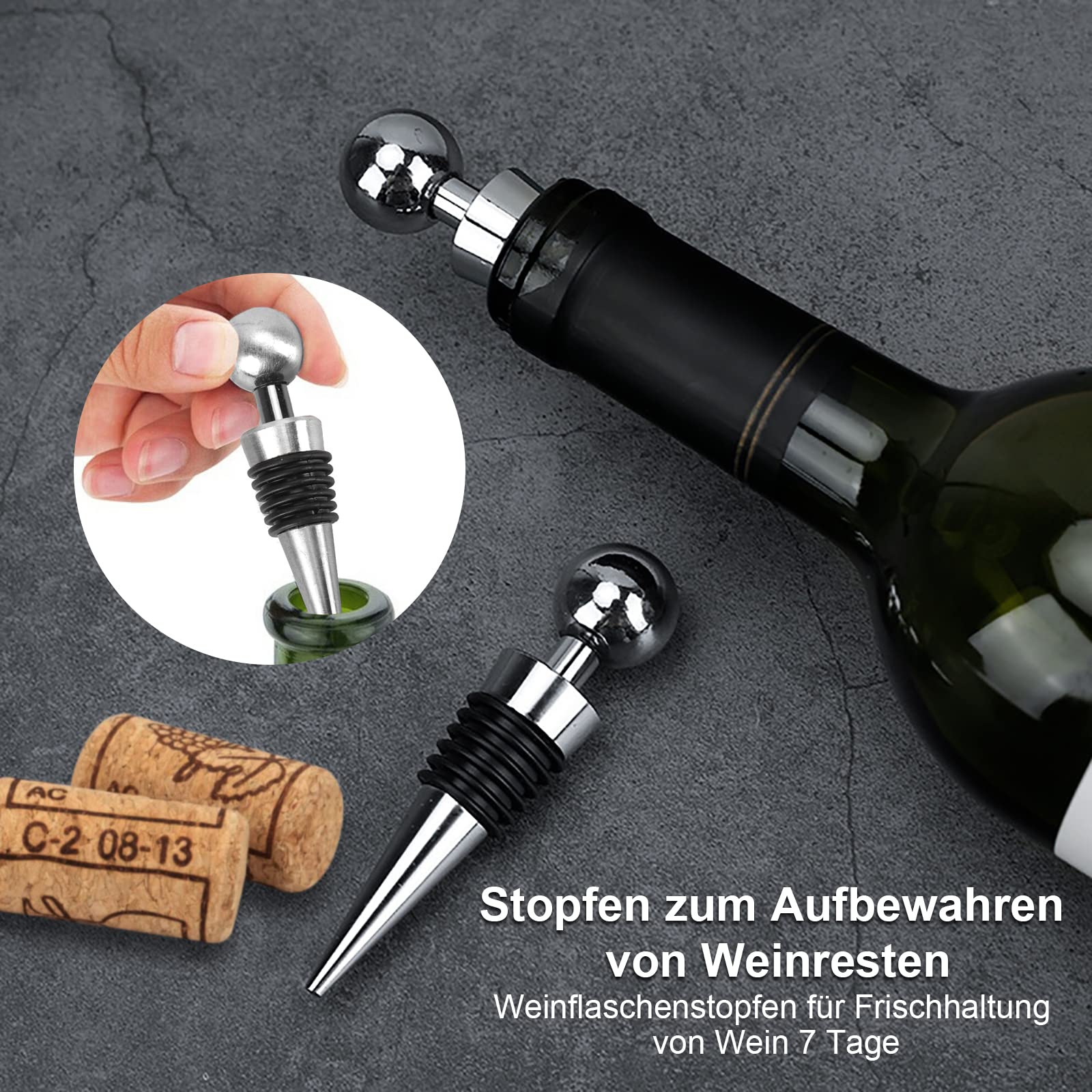 Korkenzieher Weinflaschenöffner mit Weinverschluss Corkscrew Edelstahl 2 in1 Flaschenkorkenzieher Set mit Folienschneider Wein Öffner Screwpull Flaschenstopfen Weinöffner für Camping, Zuhause, Küche