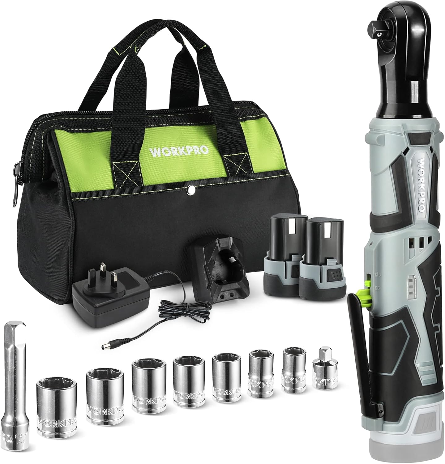 WORKPRO Cordless Ratchet Wrench Set, 3/8" Cordless Ratchet with 7