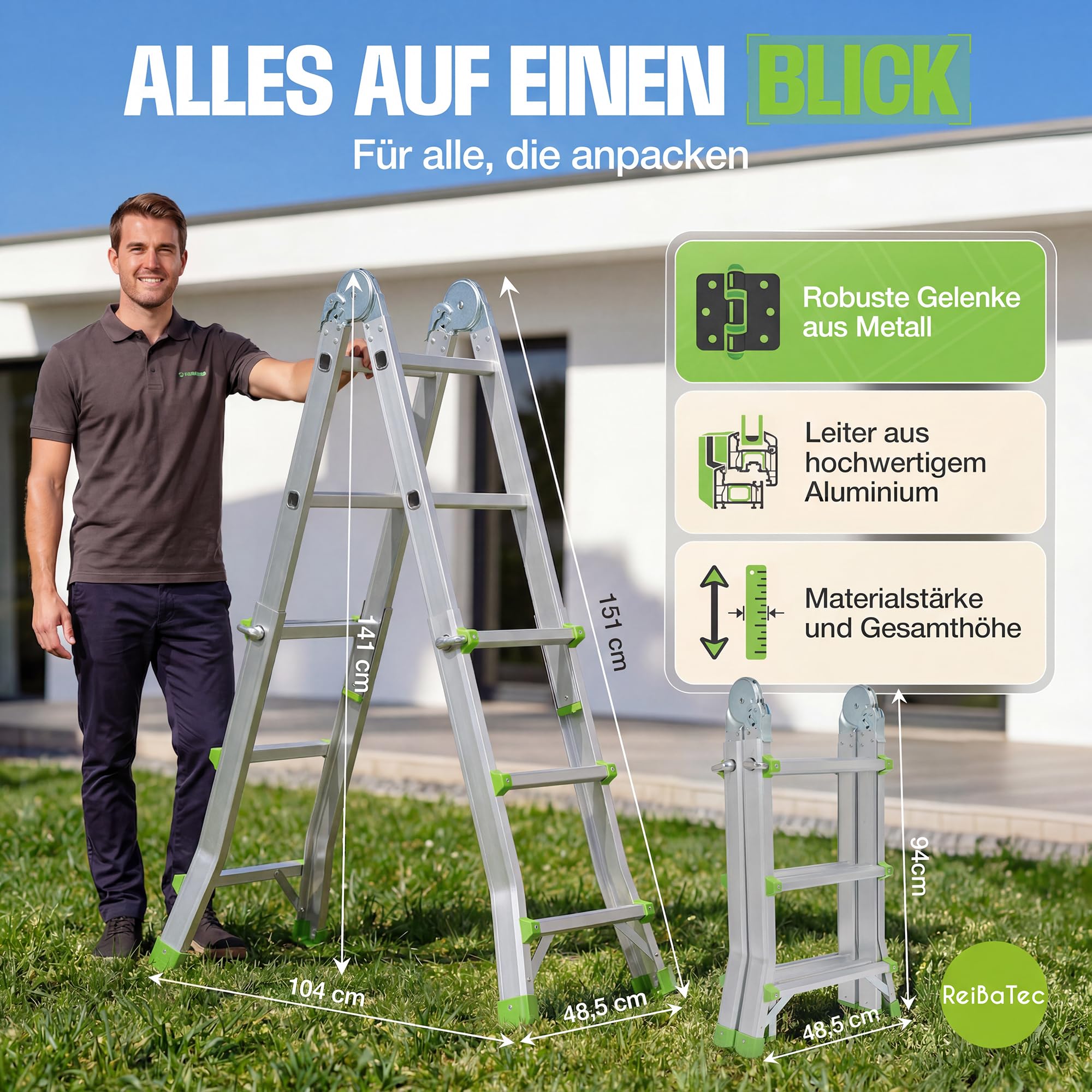 Mehrzweckleiter HomeFlex 4x3 Aluminium [3-in-1] ausziehbare Klappleiter & Teleskopleiter | Stehleiter, Anlegeleiter und Treppenleiter | Ultrakompakt 94 cm nur 8,5 kg bis 286 cm