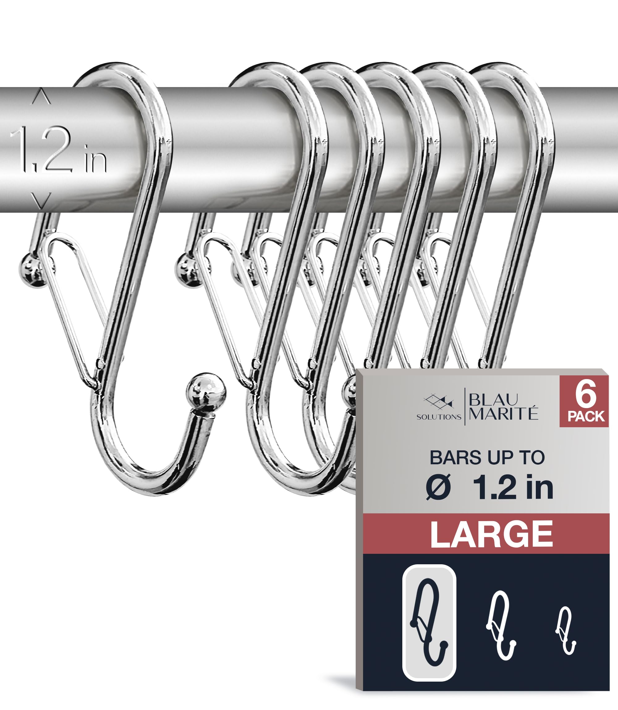 6-Pack Metal S Hooks for Hanging – Heavy-Duty S-Shaped Hook with Safety Buckle – Fits Bars up to 1.2 in – Anti-Drop S-Hooks for Closet, Wardrobes &amp; Storage – Silver (Large)