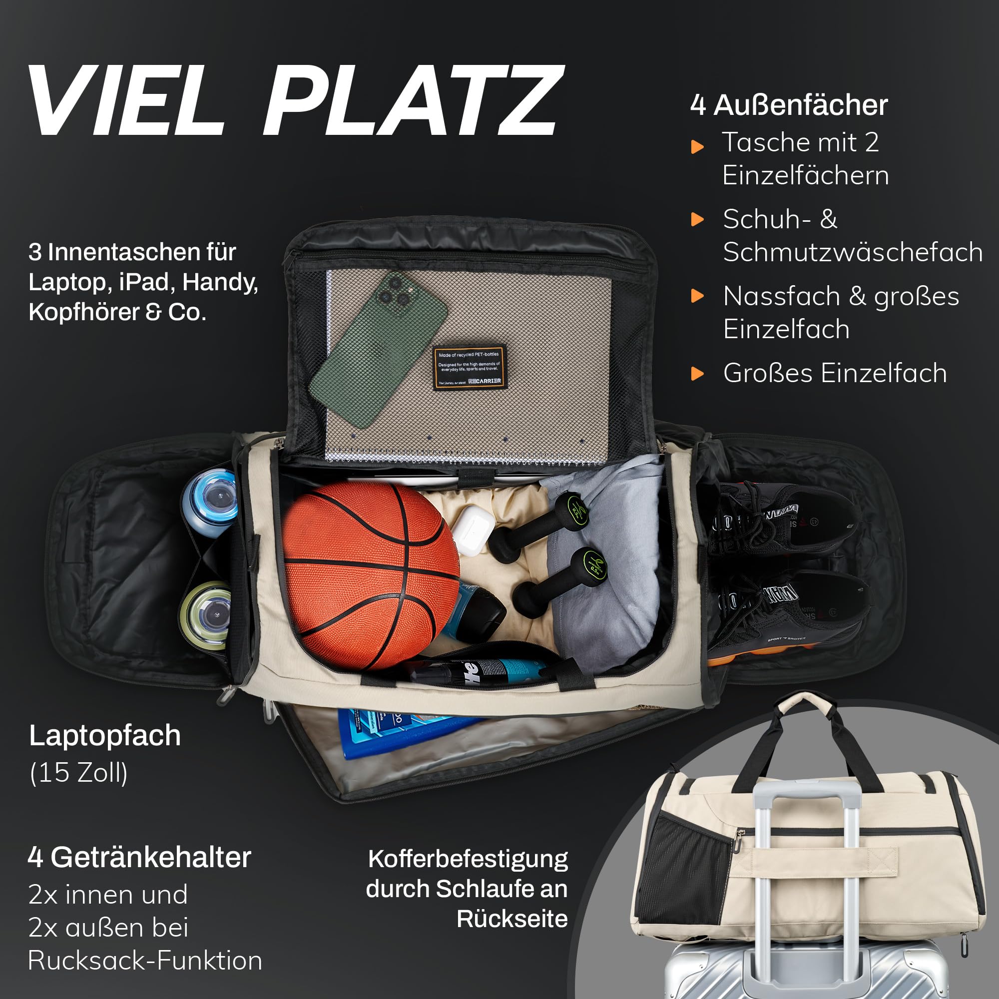 Bolsa de deporte [Reciclado PET] 50L – Bolsa de gimnasio y mochila en uno – Bolsa de entrenamiento impermeable para hombre y mujer – Mochila deportiva con compartimento para zapatos Fitness