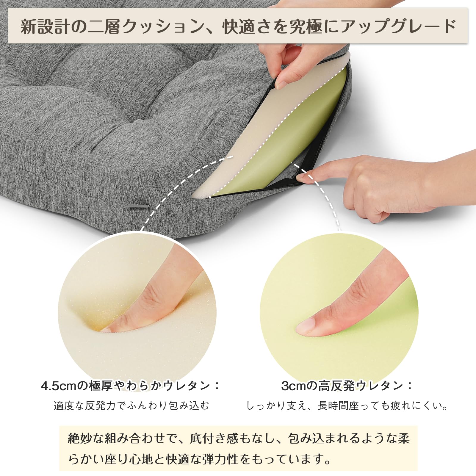 TanYoo 座布団 クッション 椅子クッション 厚め7.5cm 高反発座布団 二層構造 お尻が痛くならない 両面使えるざぶとん チェア用 フロア用 40cm角 (グレー ２枚セット)