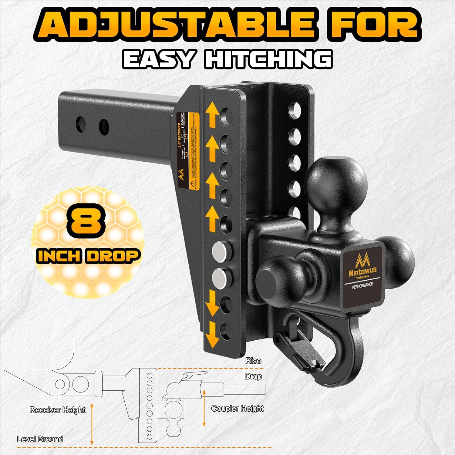 Adjustable Trailer Hitch -Drop Hitch -Tri Ball Mount w/Hook (1-7/8'', 2''&2-5/16''), Fits 2.5-Inch Receiver, 8'' Drop/Rise 15,000 LBS GTW Tow Hitch, 3 Ball Hitches for Trucks, RV, Camper etc