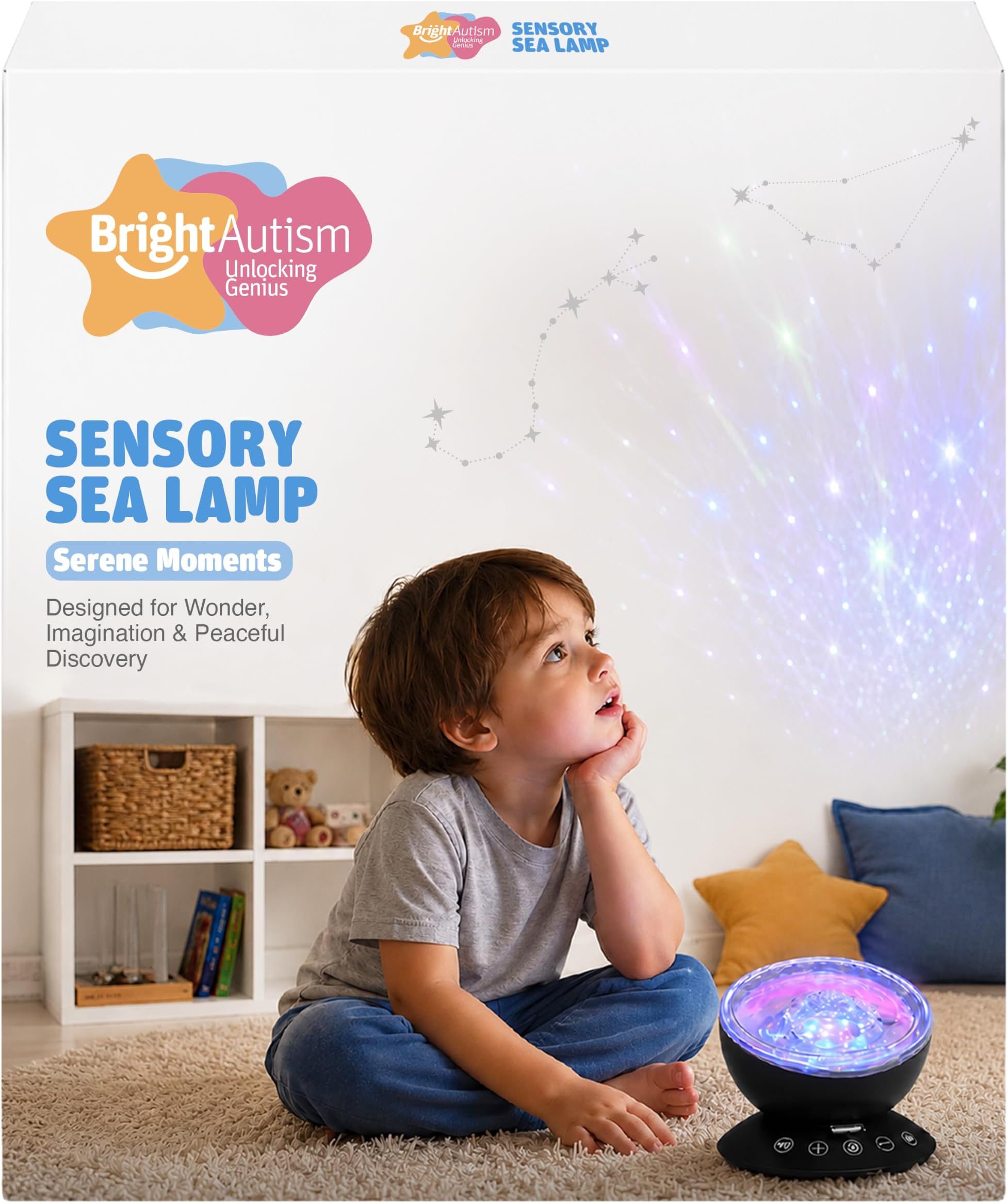 Bright Autism Calming Sensory Sea Lamp - Night Light Projector for Kids, 7 Light Modes, Color Changing Music Player, Nature Relaxation Sounds