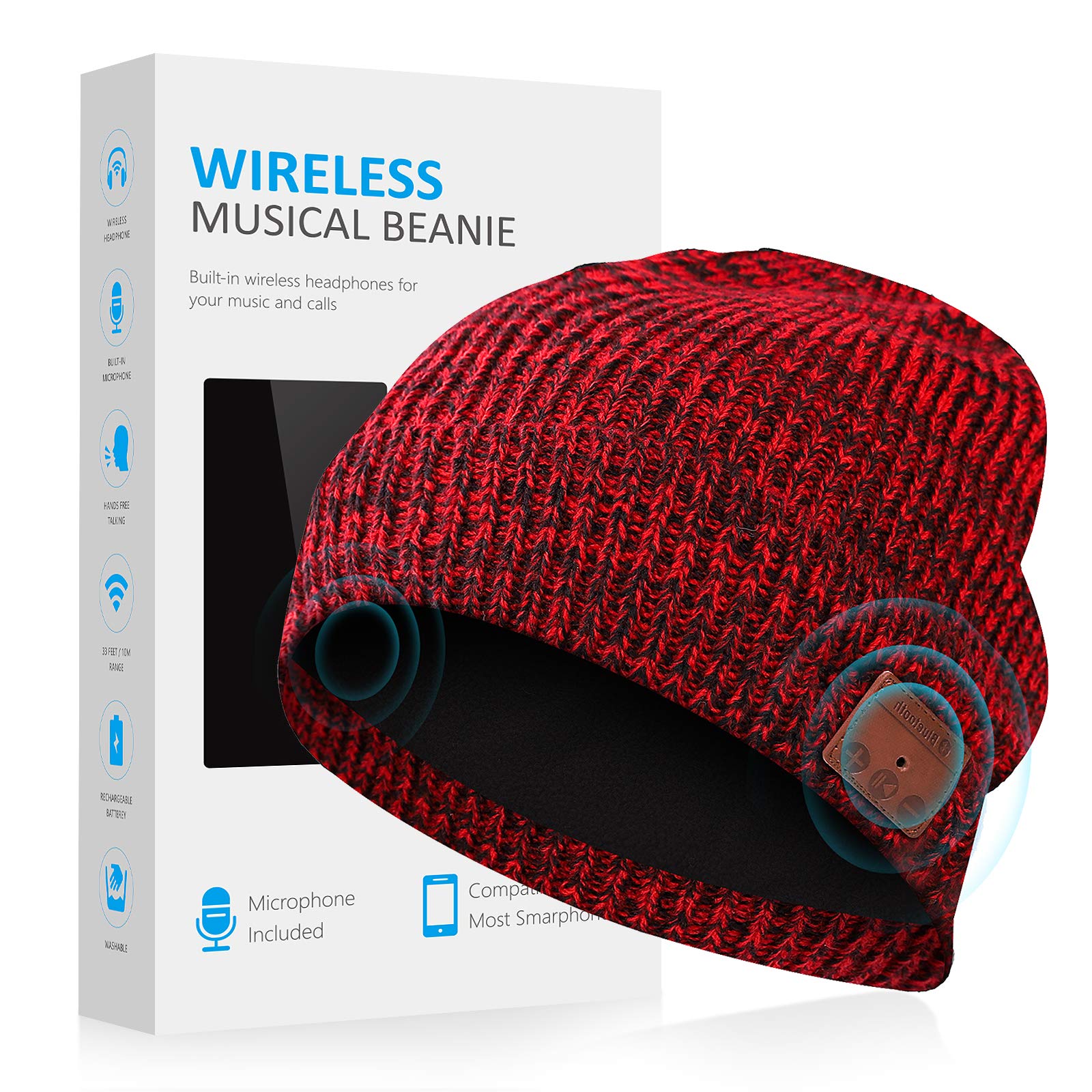 Bluetooth Beanie Hat Headphones Headset, Wireless Connection Siri Voice Control Built-in HD Stereo Speakers & Microphone, Musical Knit Cap for Running, Sports, Teens, Women (Red)