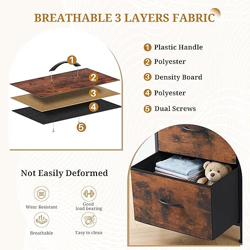 Miniatura 3 de Mesita de noche, mueble de almacenamiento de 2 cajones, cómoda pequeña con 2 cajones, mesa auxiliar con tela para dormitorio, armario, entrada,