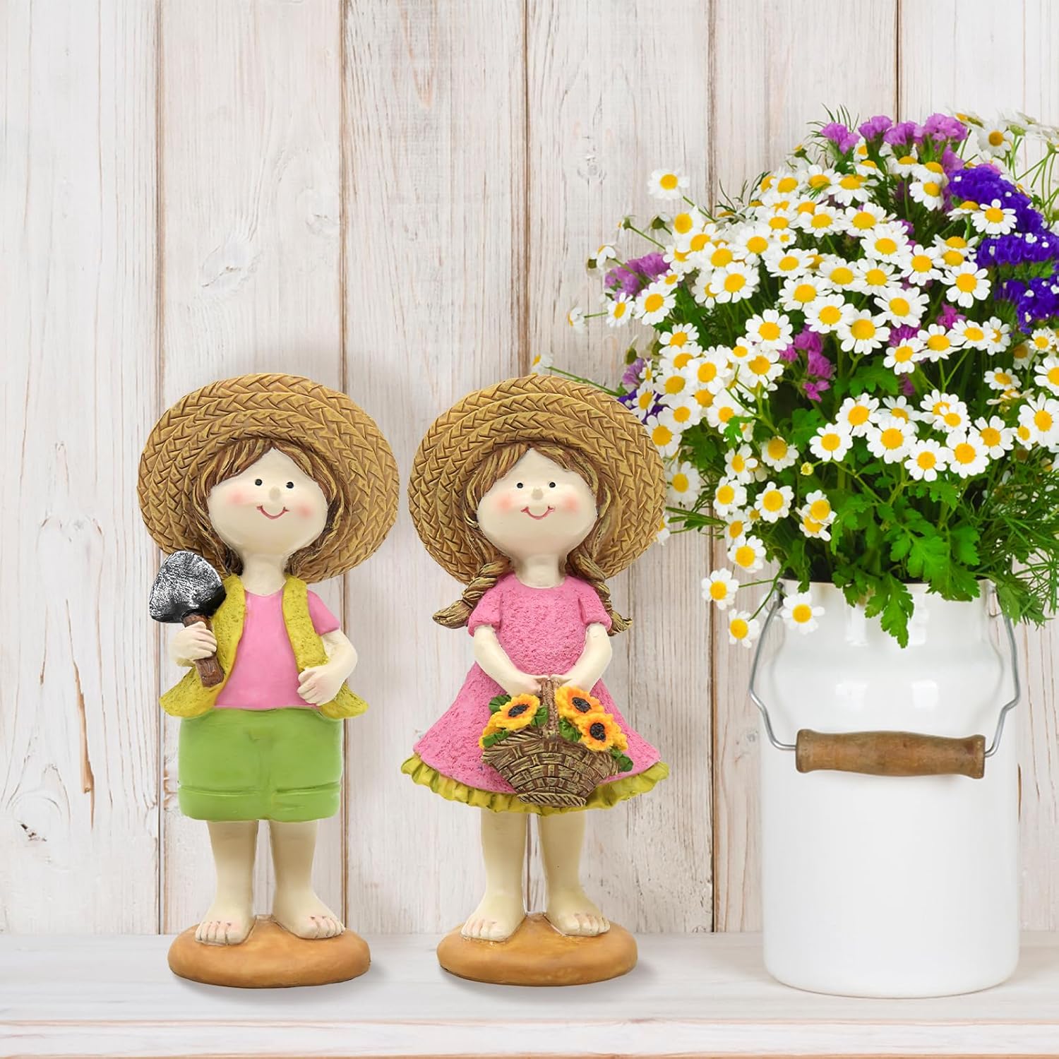 Spring Summer Garden Figurines Set of 2, Boy and Girl Outdoor Garden Statues with Sunflower Basket, Cottage Home Garden Decor for Yard Patio Lawn, for Women