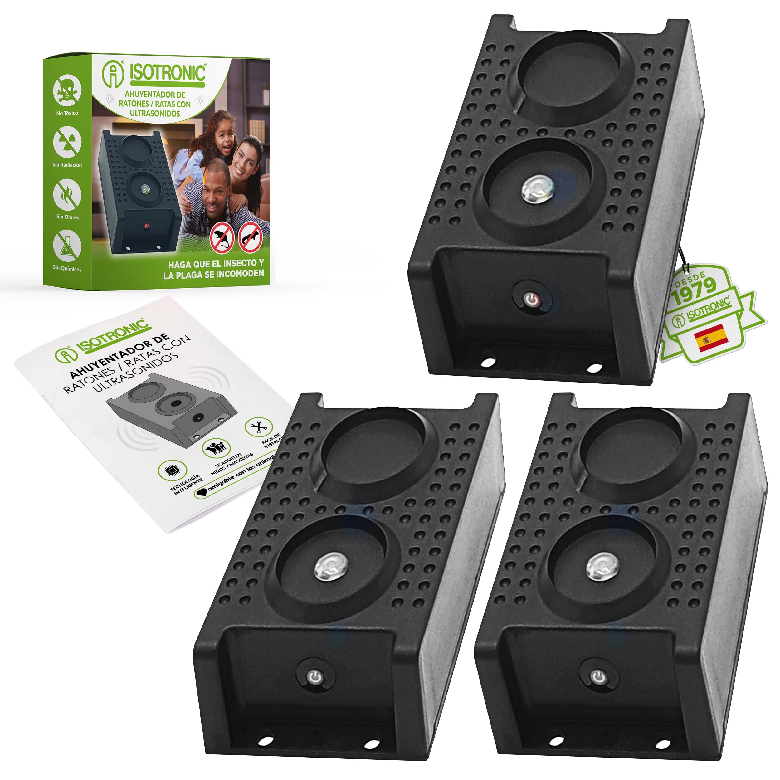 ISOTRONIC Repelente de Martas con Luz LED y Ultrasonidos — A Pilas para Coche, Ático, Garaje y Casa — Protección contra Ratones, Ratas y Lirones — Pack de 3 Unidades