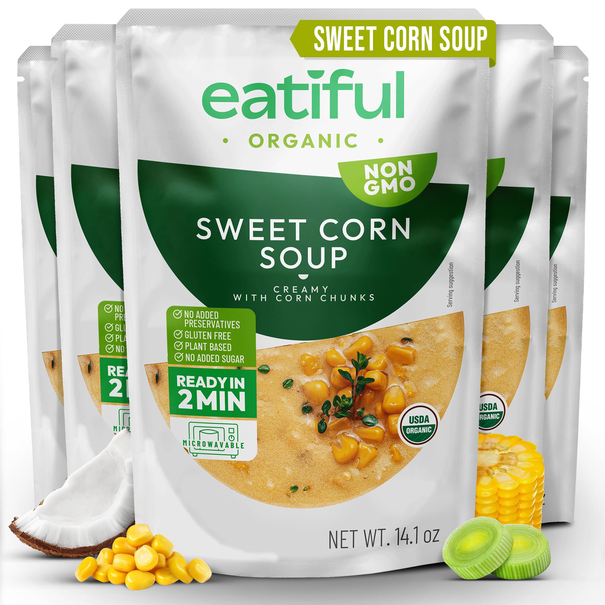 EATIFUL Sopa de Maíz Dulce, Sopa Cremosa de Maíz Dulce Lista Para Comer Con Trozos de Maíz, Elaborada con Verduras Ecológicas, de Origen Vegetal, sin Gluten y OMG, 400g (Paquete De 5 Unidad)