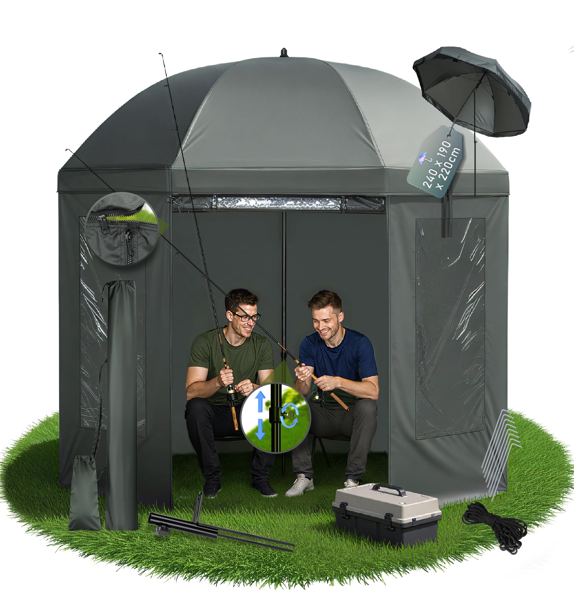Angelschirm 240 cm - Stabilität Angelschirm mit Seitenwand - 210D Oxford-Gewebe, PU-Wasserdichte, Verstellbar Schirmzelt Angeln mit 3 Fenstern, Einfache Montage, für Outdoor Camping & Angler
