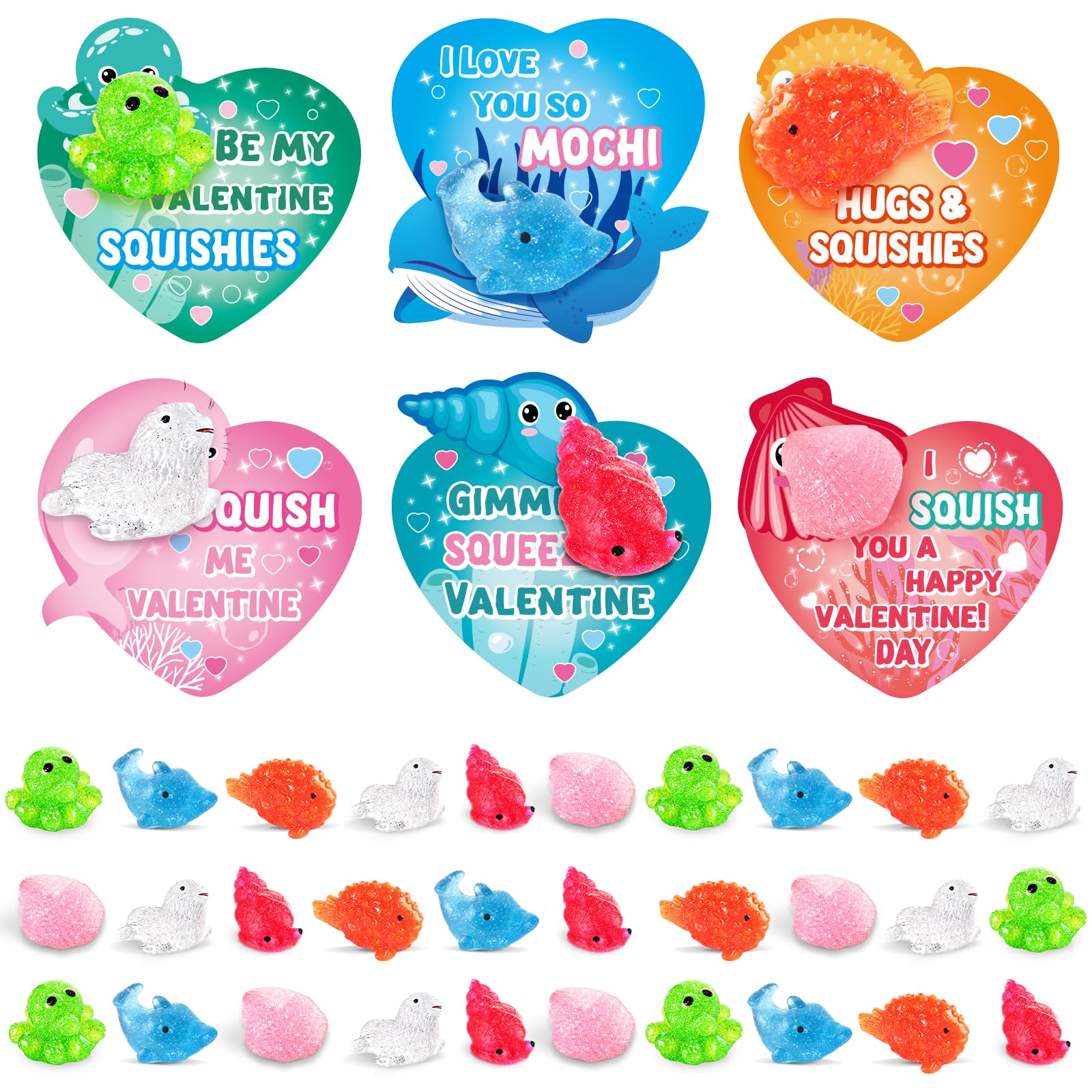 30 Packs Cards for Kids with Glitter Mochi Squishy for School Classroom Gifts Exchange, Party Favors for Kids, Gift Cards Bulk, Prizes