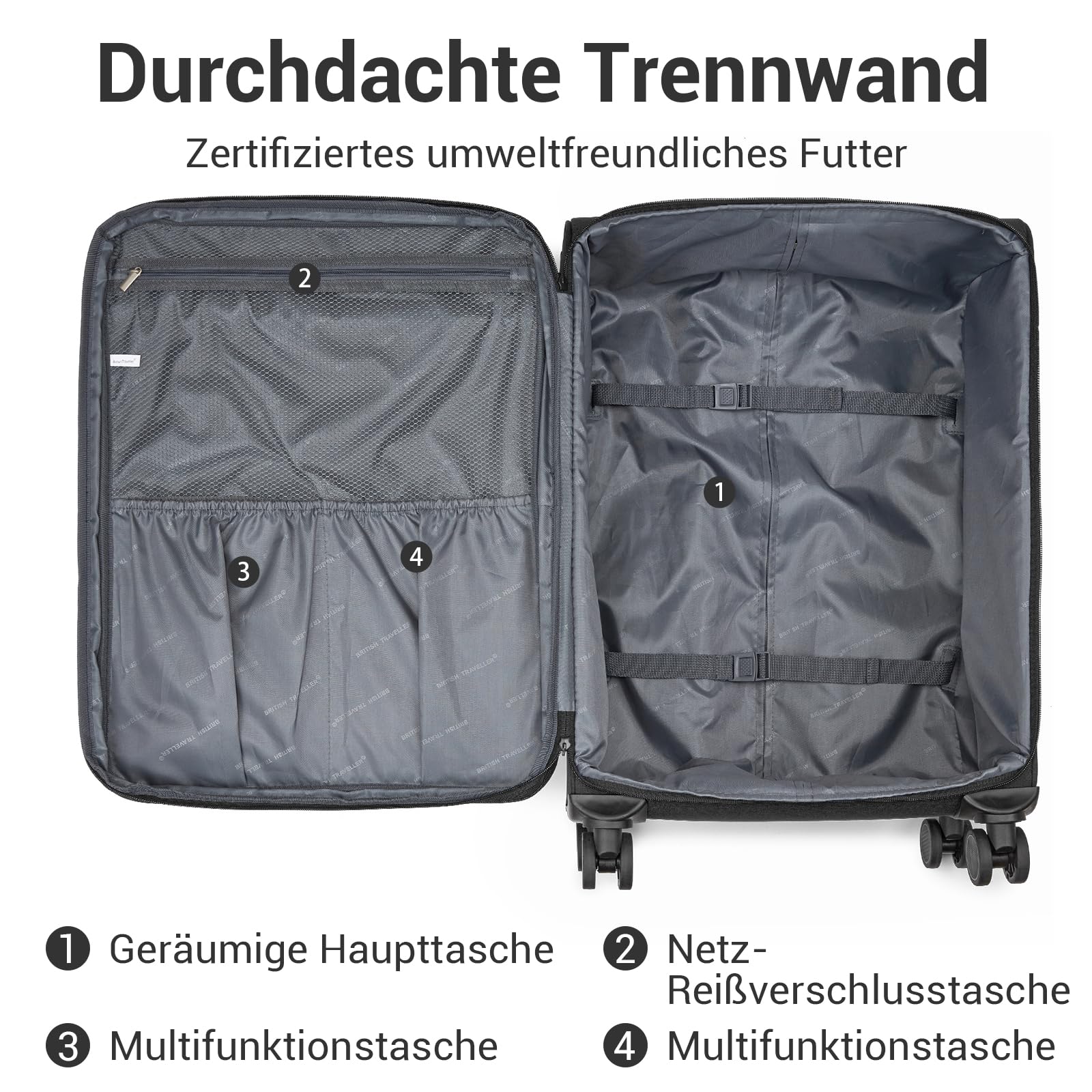 British Traveller Erweiterbarer Koffer groß Stoffkoffer TSA Schloss | 100L Stoff Reisekoffer mit Volumenerweiterung, leichter Weichgepäckkoffer mit leisen 360° Rollen, ideal für Familienurlaub