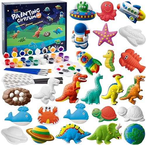 Juboury Kit de manualidades para niños, pintura en yeso, juego de arte para pintar tu propio espacio, dinosaurios y figuras de vida marina, kit de