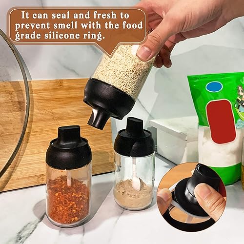 Miniatura 4 de Supkiir Contenedores de especias de vidrio, 3 recipientes de vidrio de cocina para condimentos con tapas de 8 onzas, cucharas pequeñas para tarros
