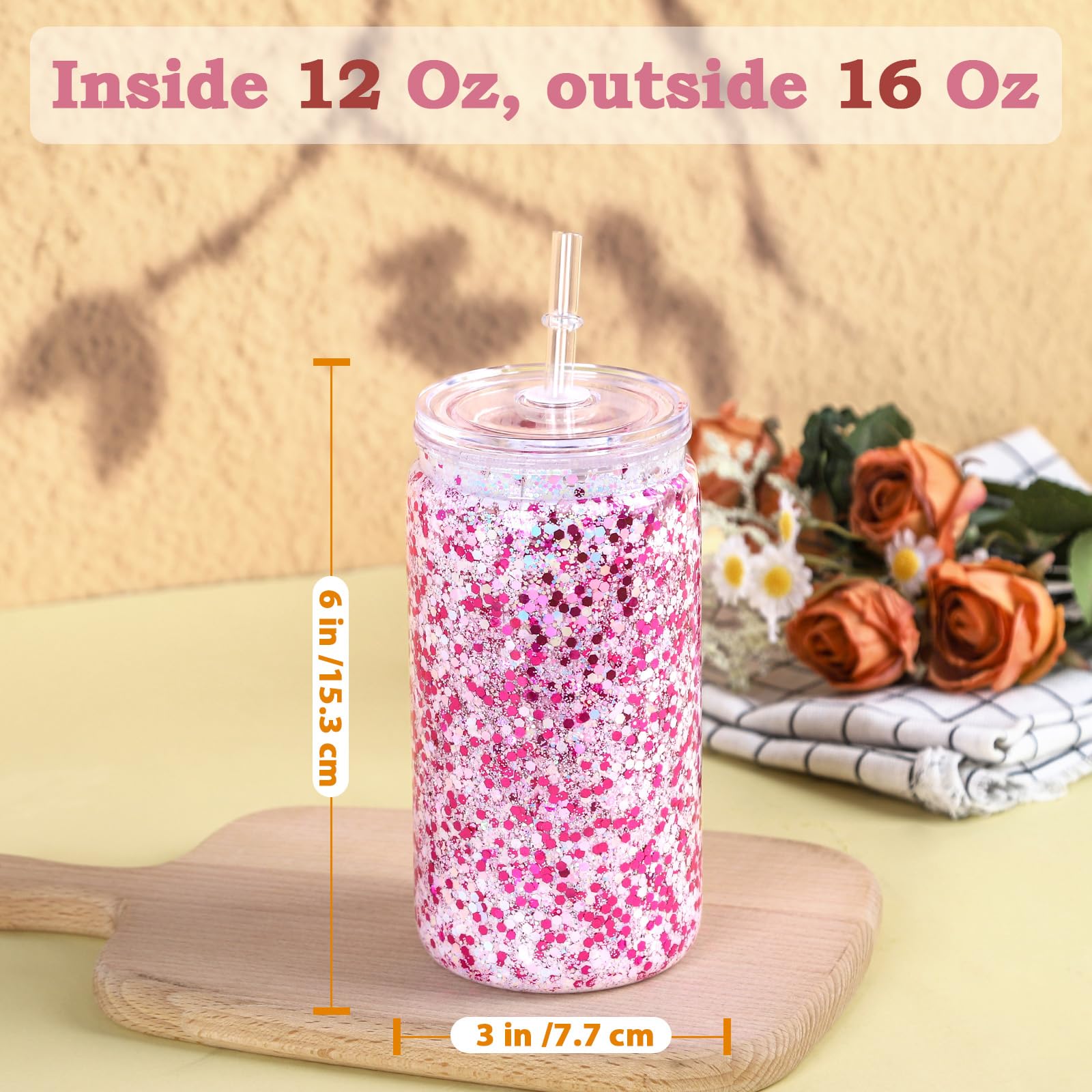 Cosictic 8 Stück Mehrweg Kunststoff-Schneekugelbecher mit vorgebohrtem Loch. 473ml Unzen Doppelwandiger Kunststoff-Tumbler mit klarem Deckel und Trinkhalm.