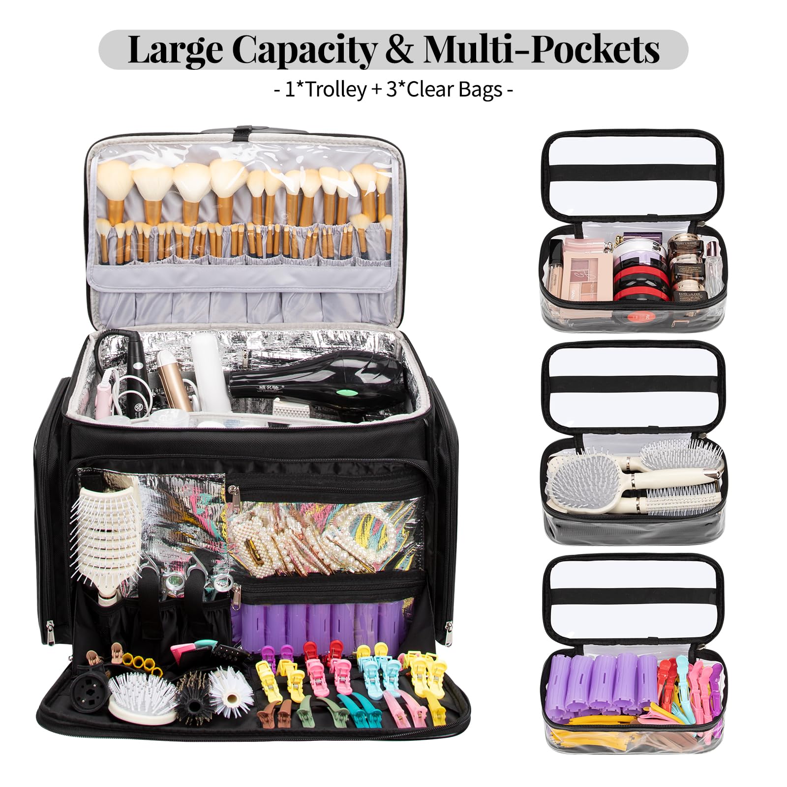 Rolling Makeup Train Case, Professional Hairstylist Traveling Bag, Extra Large Cosmetology Case on Wheels, Hairdresser Bag with Heat Resistant Lining for Hot Hair Tools Cosmetic Organizer Trolley