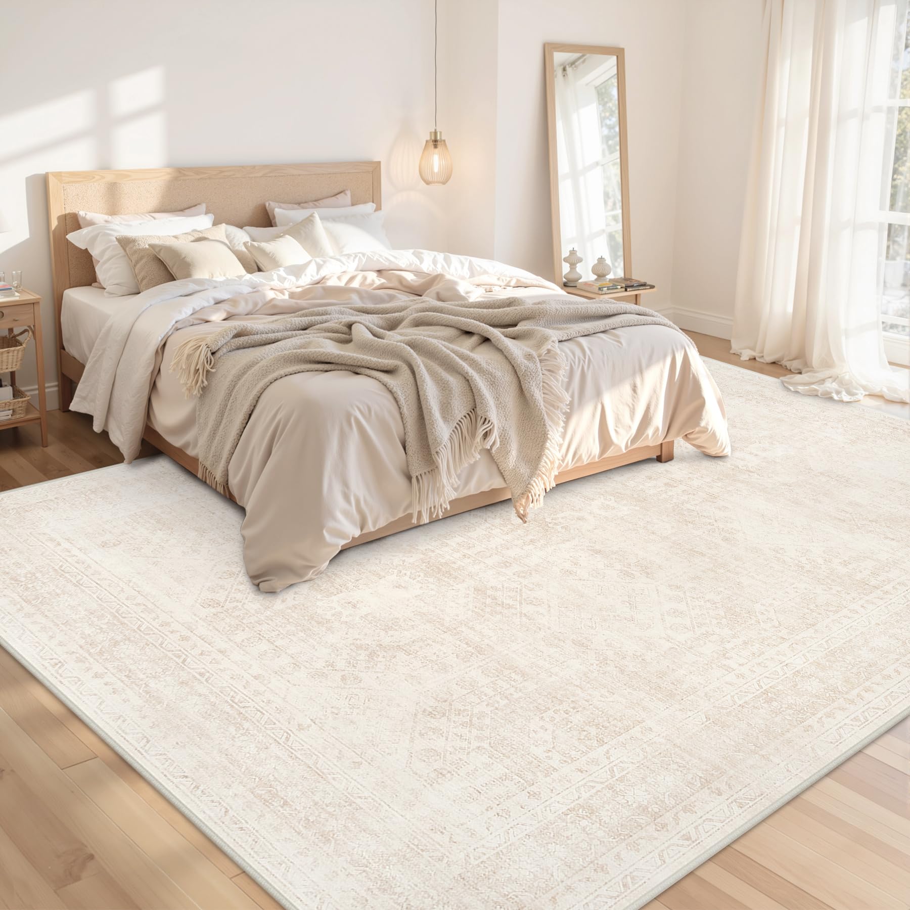 Condition photo showing New/Like New for area rugs 9x12 living room: vintage boho neutral washable rug indoor soft large area rug carpet for bedroom nursery farmhouse dining room office floor non-slip low pile under table rug beige