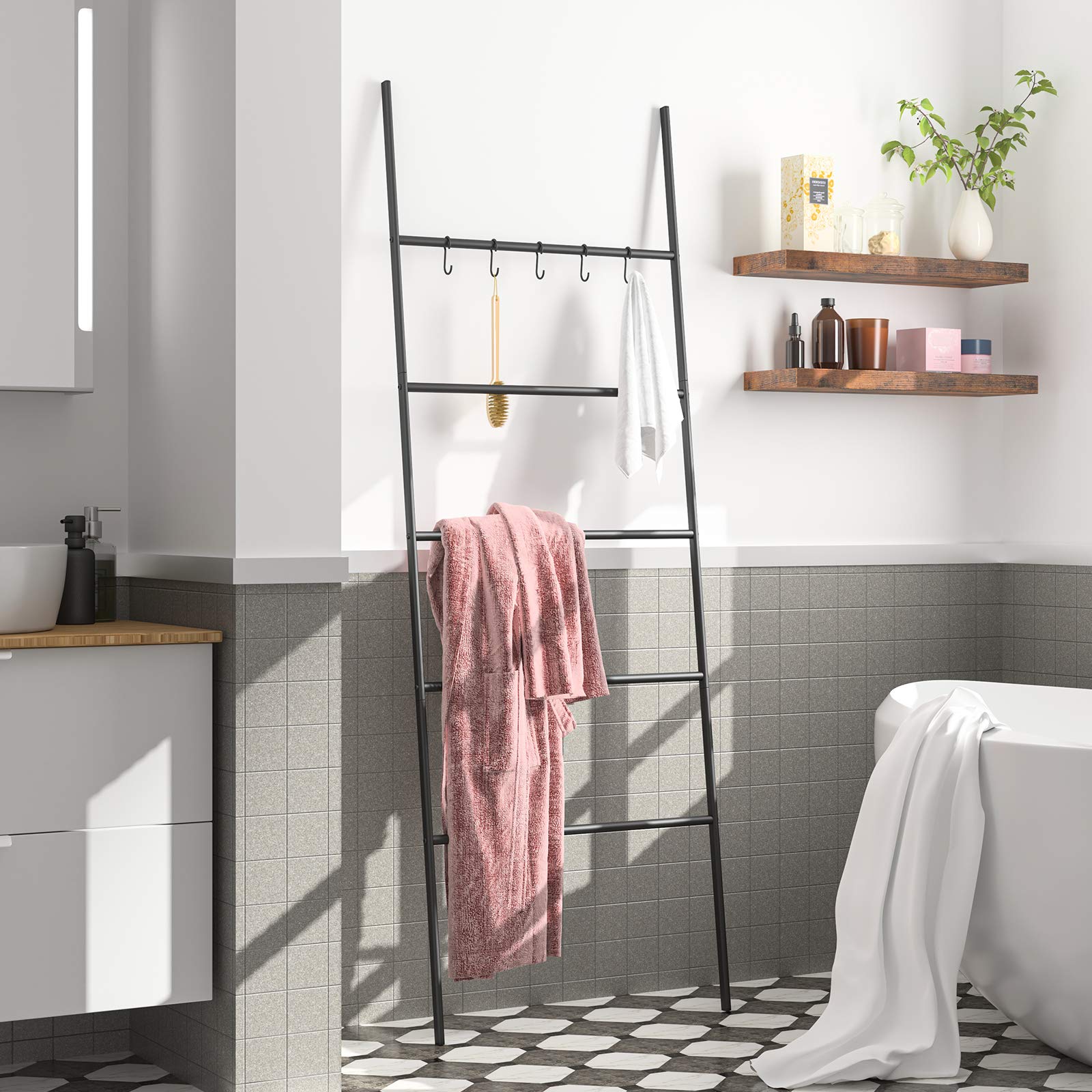 HOOBRO Étagère Échelle, Porte-Serviettes, avec 5 Amovibles Crochets, 58 x 177 cm, Gain de Place, Stable, pour Bain, Salon, Chambre, Bureau, Style Industriel, Montage Facile, Noir EBK62CJ01