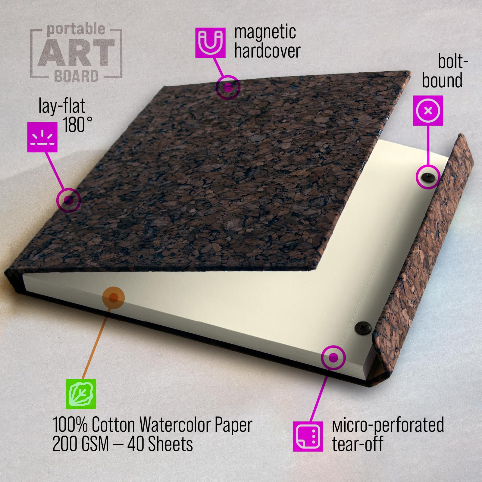KIROSKETCH Szkicownik akwarelowy, magnetyczna twarda okładka, twarda oprawa, wiązanie sworzniowe, 100% bawełna, papier akwarelowy, tłoczony na zimno, 200 g/m², 40 arkuszy bezkwasowych, płasko leżące