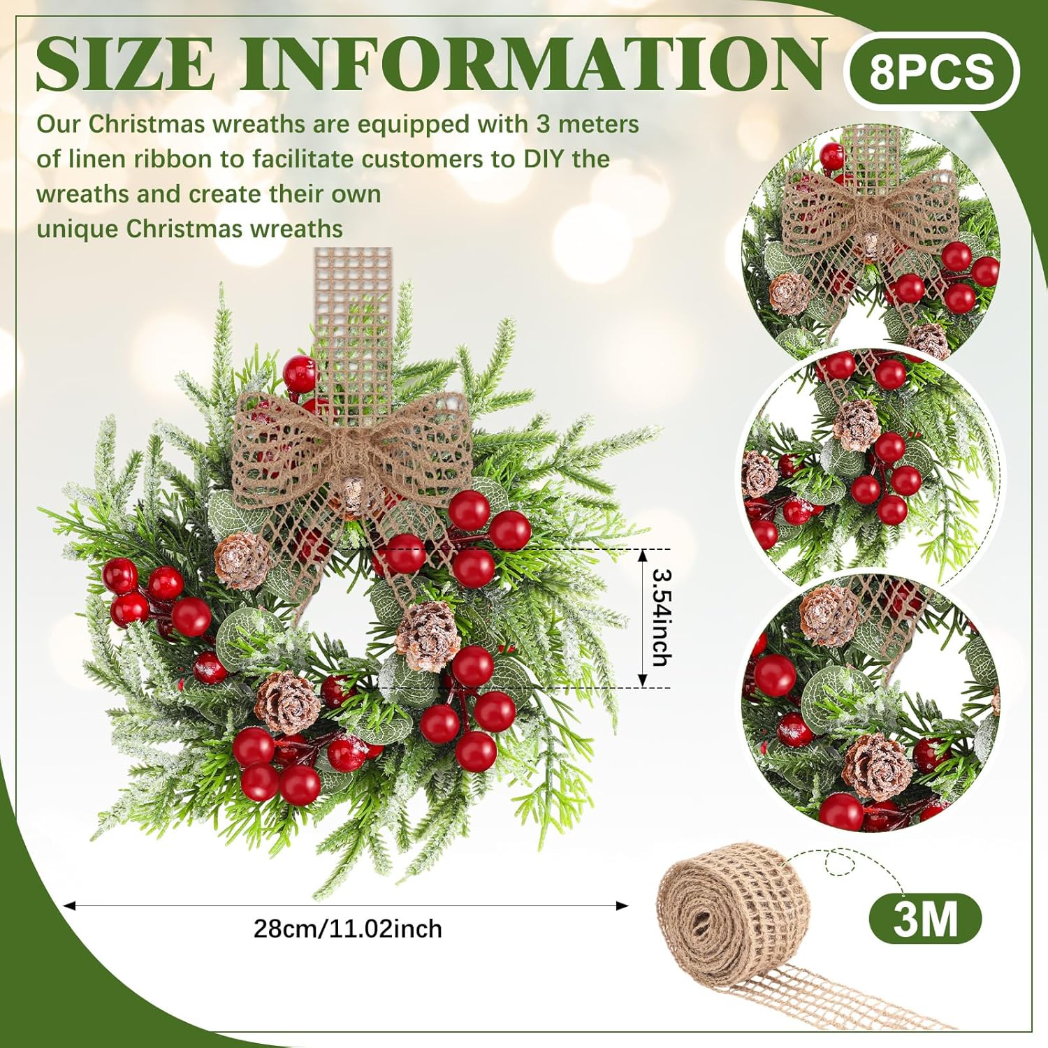 Dingion 8 Pcs Small Christmas Wreaths for Cabinet Kitchen Decor Mini Artificial Wreath 9 Inch Faux Garland with Burlap Ribbon for Vintage Retro Home Table Candle Porch Window Indoor Outdoor Decor