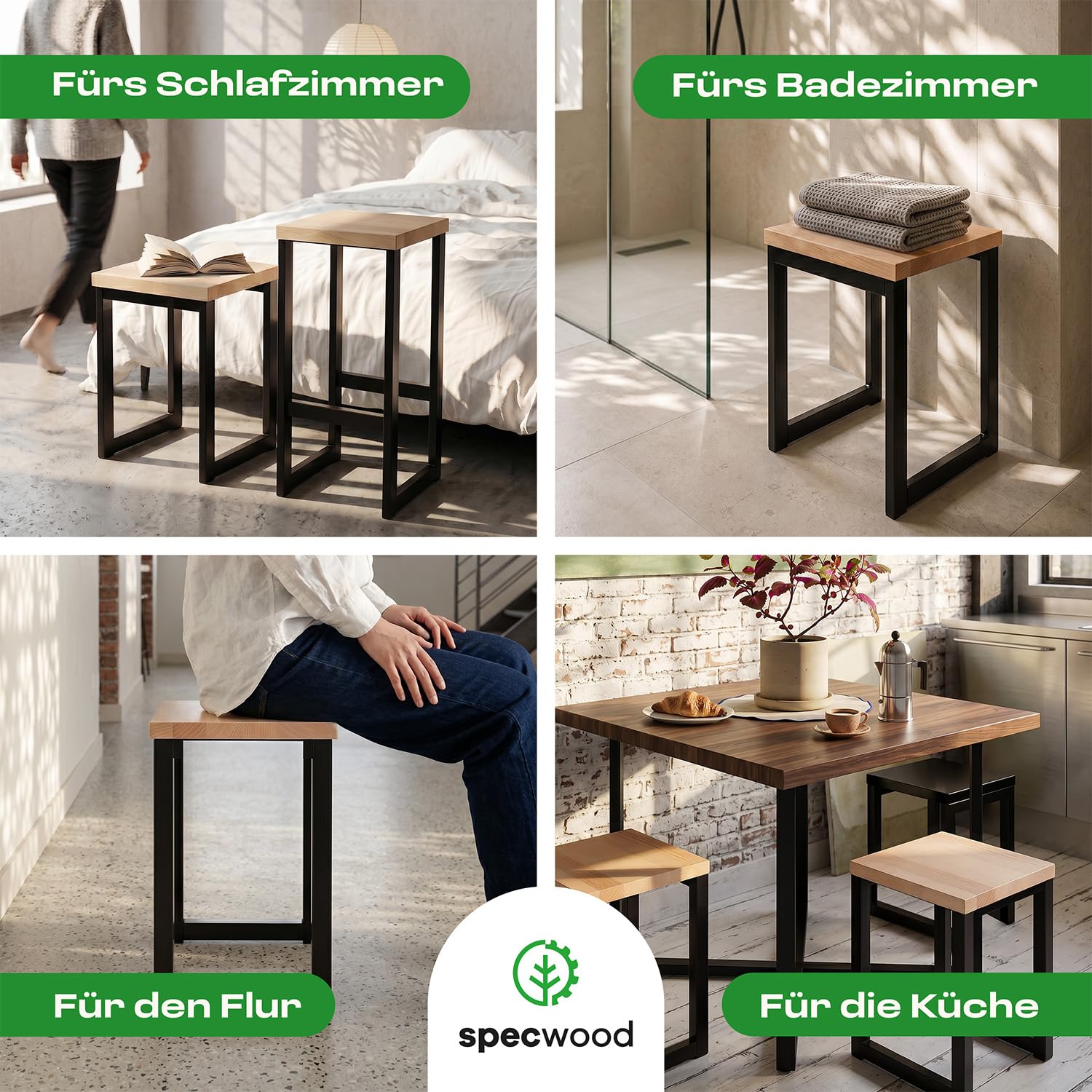 Barhocker Holz 46 cm Sitzhöhe, Barstuhl mit Metallgestell, Holzhocker Massiv mit Sitzfläche 30x30 cm, Stärke 3.5 cm, Barhocker Buche Natur