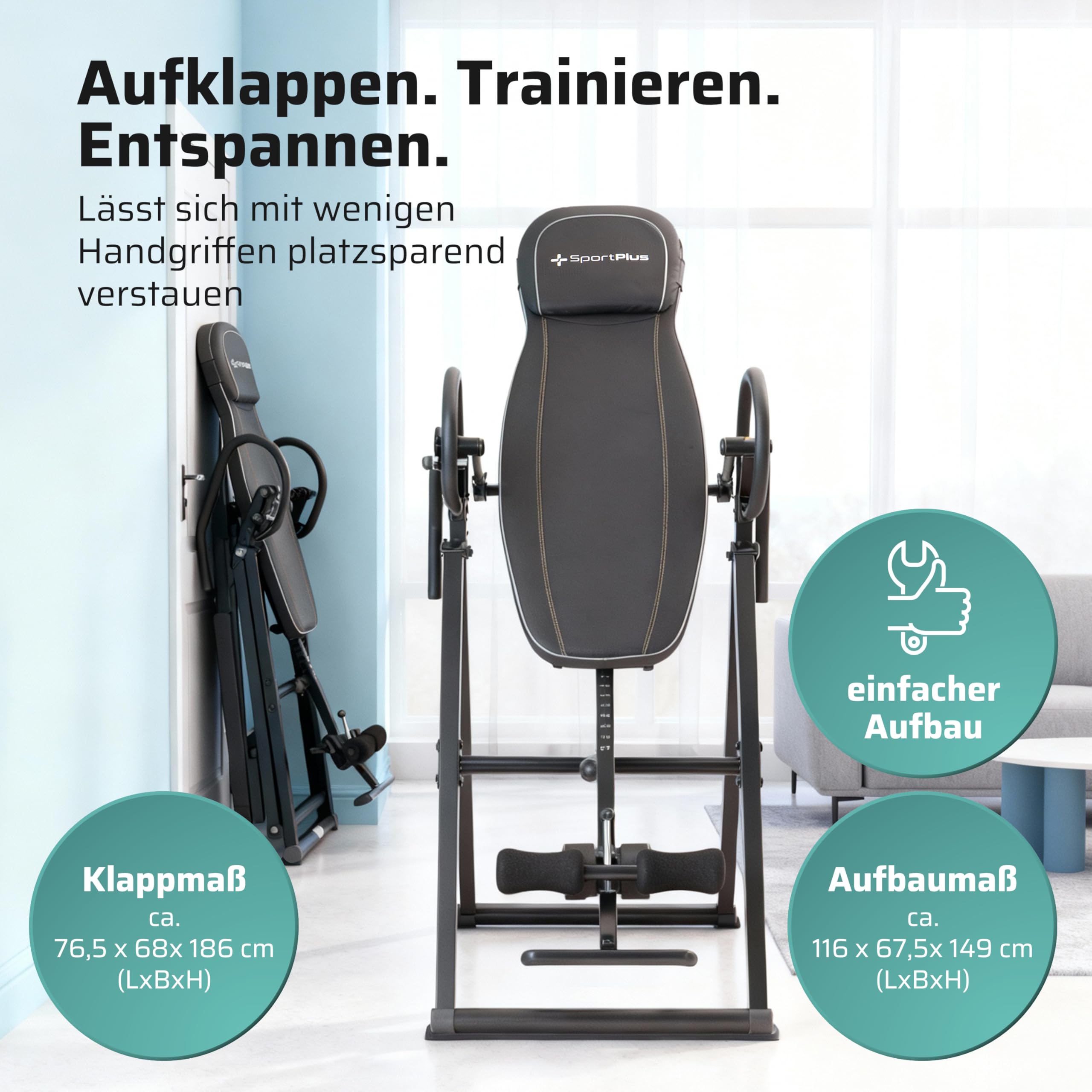 SportPlus Inversionsbank, klappbarer Schwerkrafttrainer, Inversion Table mit 4 Inversionswinkel, Streckbank zur Entlastung der Wirbelsäule, Nutzergewicht bis 135 kg, Rückenstrecker