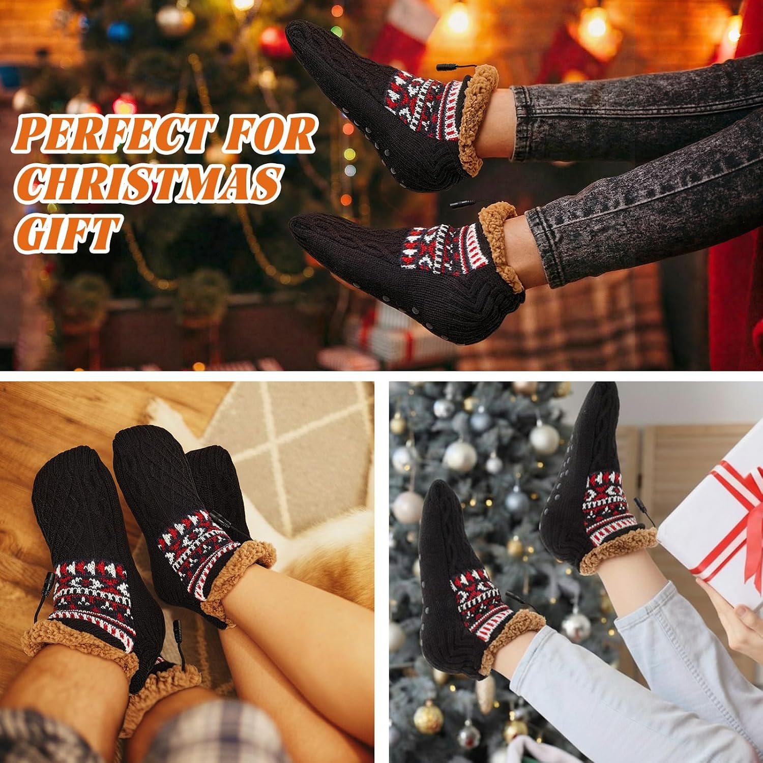 Chicingyou Electric Heated Fleece Socks for Men Women, Winter USB Heating Socks Foot Heater Anti-Slip Thermal Indoor Footwear Foot Warmer Fit for Women's 7.5-10.5 Men's 6-9